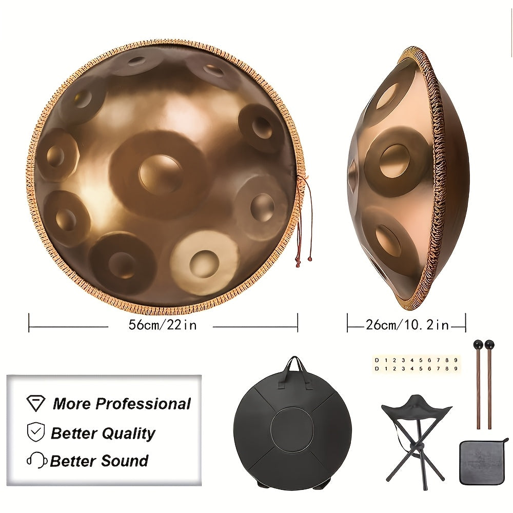 440Hz 22-Inch 10 Notes Handpan Drum Premium Steel Hand Drum For Adults, Golden Handpan Instrument For Meditation, Sleep Aid & Relaxation. A Complete Soothing Sound Healing Tool For Mindful Practice Gift Giving.
