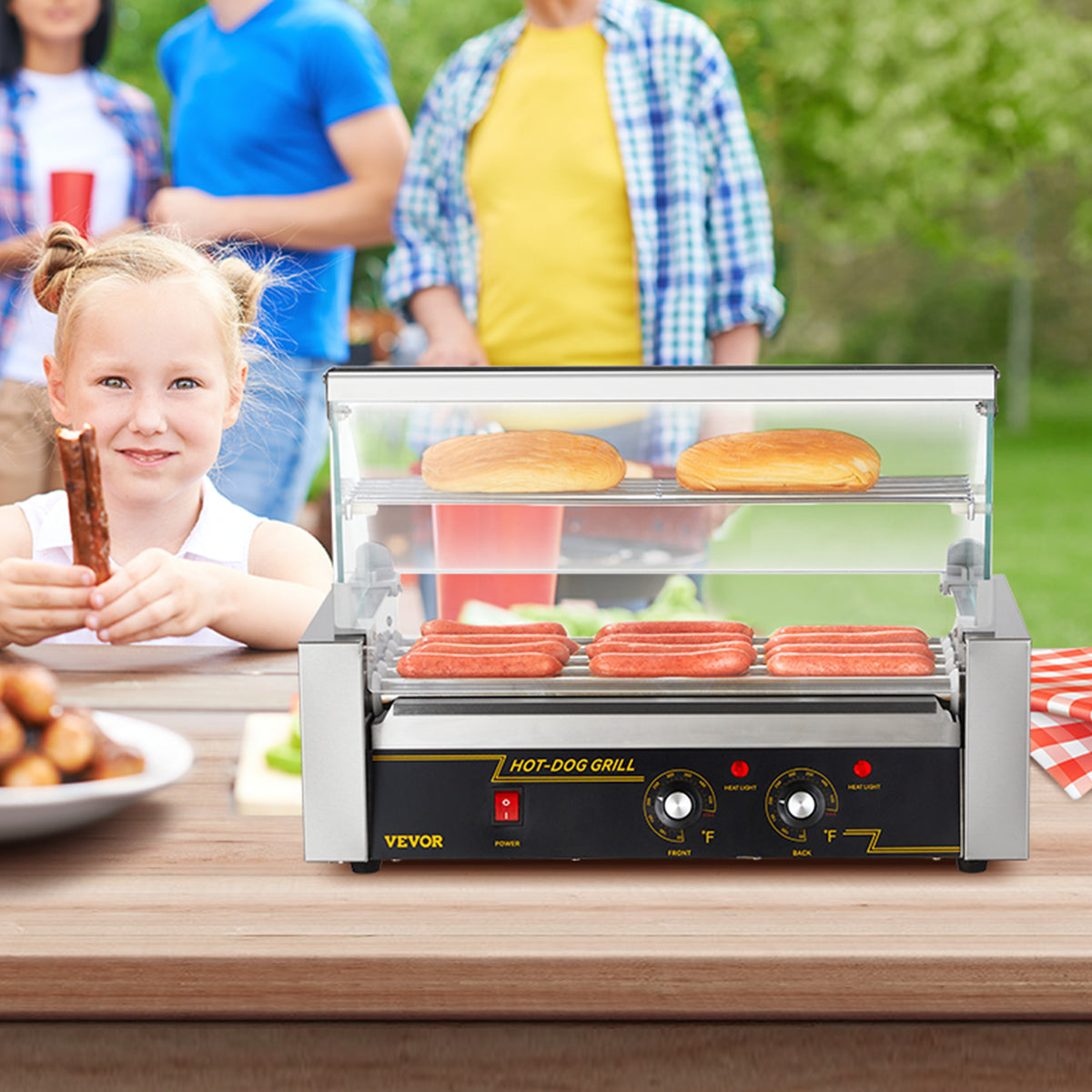 VEVOR Hot Dog Roller 5 Rollers 12 Hot Dogs /7 Rollers 18 Hot Dogs Capacity, Stainless Sausage Grill Cooker Machine with Dual Temp Control Glass Hood Acrylic Cover Bun Warmer Shelf Removable Oil Drip Tray