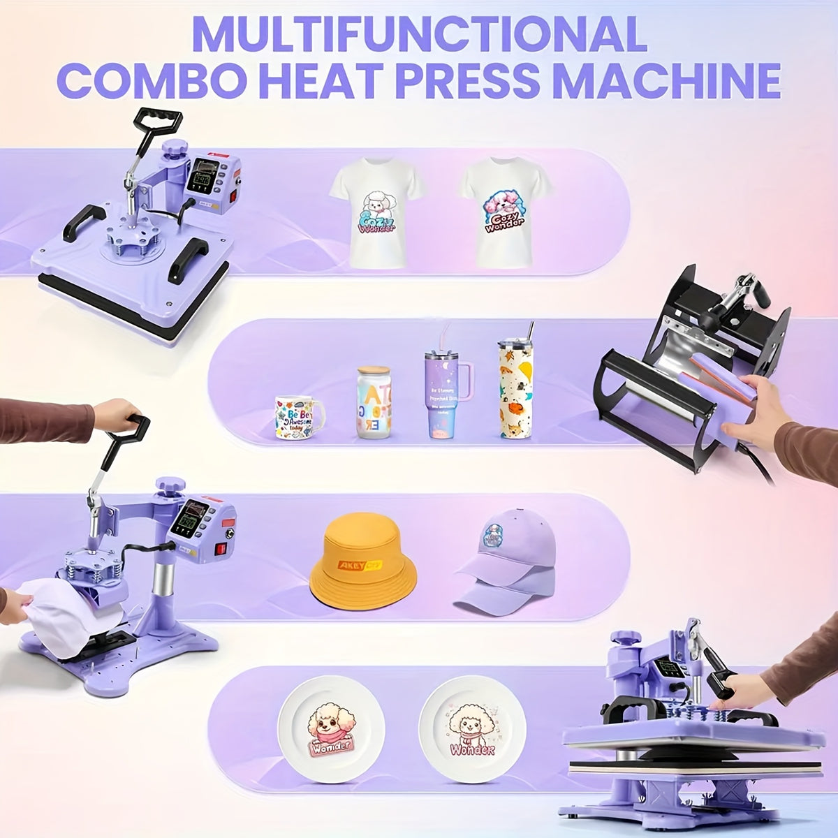 15"x15"/12"x15" - 8-in-1/5-in-1 Heat Press Machine Combo, Rotatable Design, Multi-Size Transfer Sublimation Combo, Suitable for T-shirts, Bags, Pillows, Hats, Beanies, Rollers - The 3-in-1 Automatic Hat Heat Press Can Only Press Hats