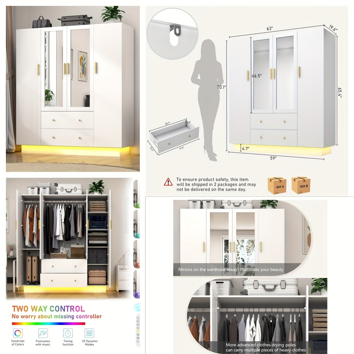 Modern Wardrobe Closet with Mirror And LED Lights, Bedroom Armoire with Drawers And Shelves, Wooden Closet Cabinet with Hanging Rod