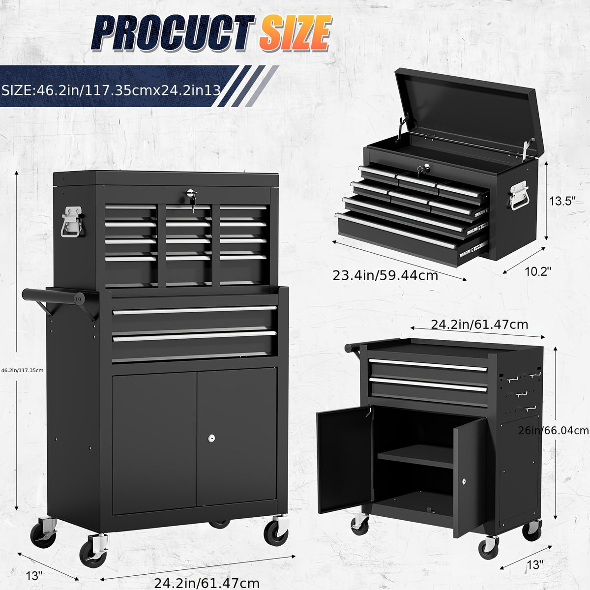 10-Drawer Rolling Tool Chest On Wheels, 2-in-1 Lockable Tool Chest with Drawers, Removable Top Cabinet And Storage Cart, Steel Tool Cart with Lining And Hooks