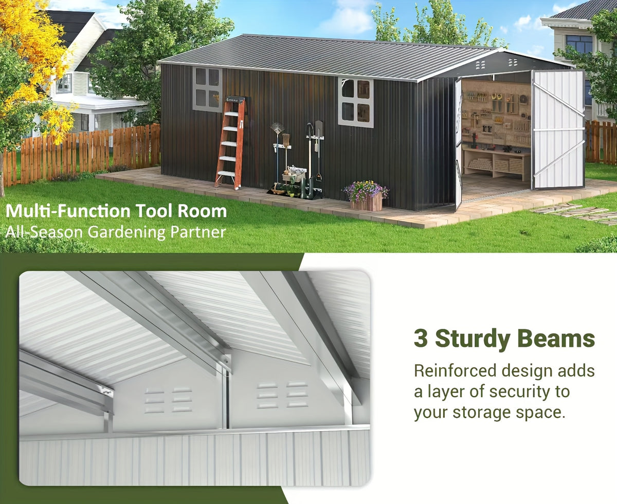 [Extra-Large Metal Shed] 5X3/12X16/12X18 FT Outdoor Storage Shed, Extra-Large Metal Shed With Hinged Door And Windows, Heavy-Duty Metal Tool Shed For Backyard, Garden, Patio, Or Lawn, Black