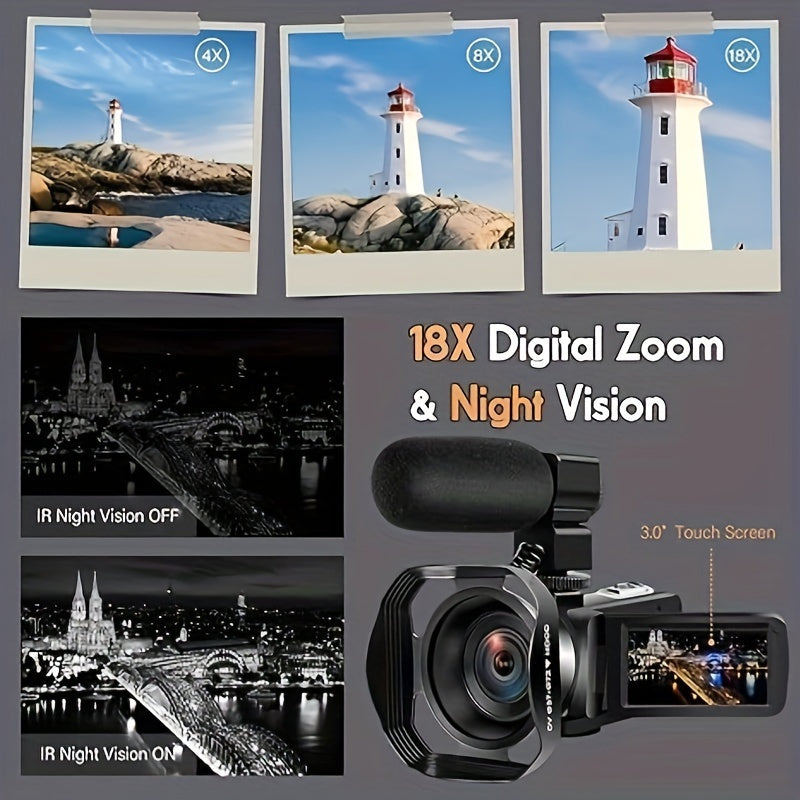DINGETU 5K Video Camera Camcorder, 64MP WiFi Vlogging Camera for YouTube with IR Night Vision, 18X Digital Zoom, 3" Touch Screen, Webcam, Microphone, Remote Control & 2 Batteries
