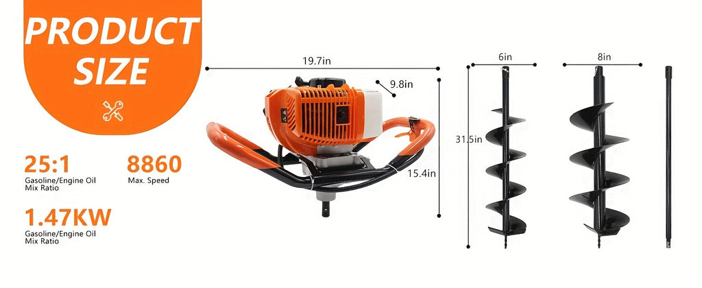 62CC Auger Post Hole Digger, 2 Stroke Gas Powered Earth Post Hole Digger With 2 Auger Drill Bits (6" & 8") + 1 Extension Rods For Farm Garden Plant, Orange (62CC)