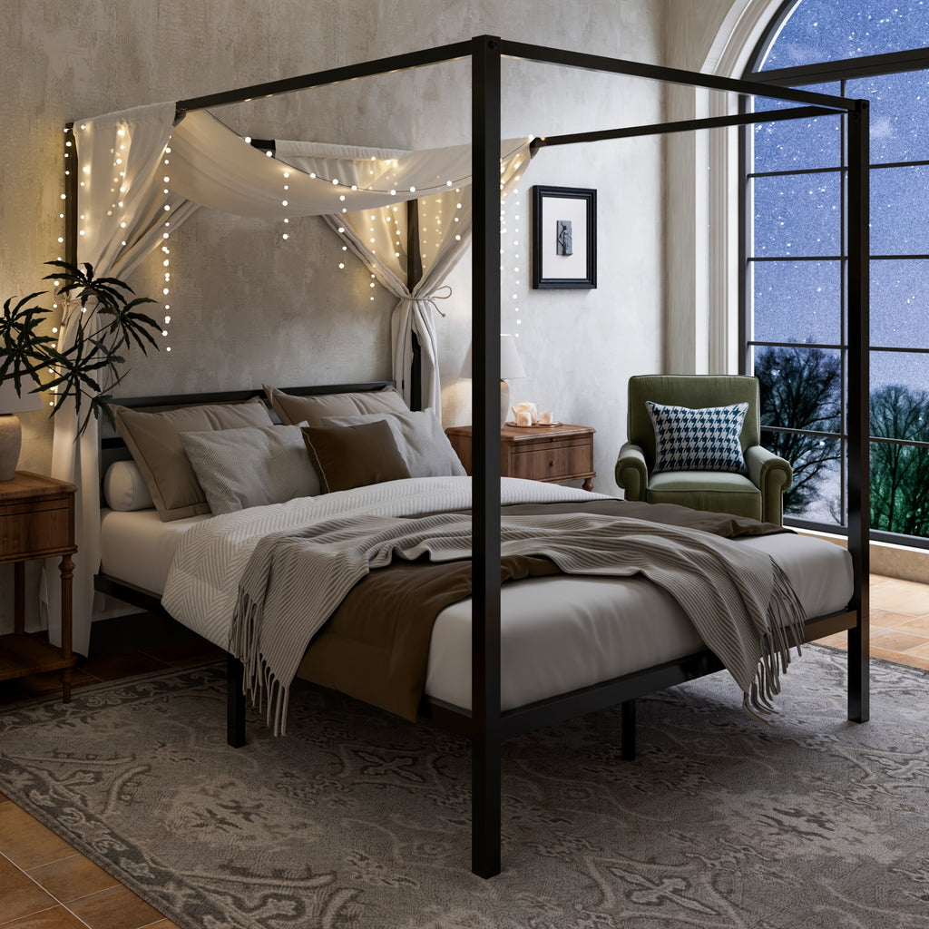 WEEWAY Heavy-Duty Metal Canopy Bed Frame with 4 Sturdy Posts & 3 Reinforced Crossbars - Easy Assembly, No Box Spring Needed, Modern Design for Full/Queen Size Beds (Black/White), Bedroom Furniture, Elegant Bedroom Style, Smooth Finish, Contemporary Furnit