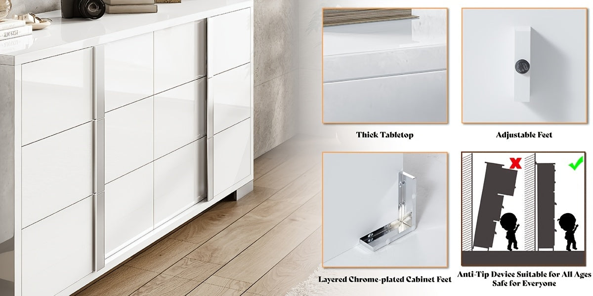 Modern 54" W High Gloss 6-Drawer Dresser with Silvery Handles, Spacious Storage Chest with Wide Top for Bedroom, Closet, Or Living Space