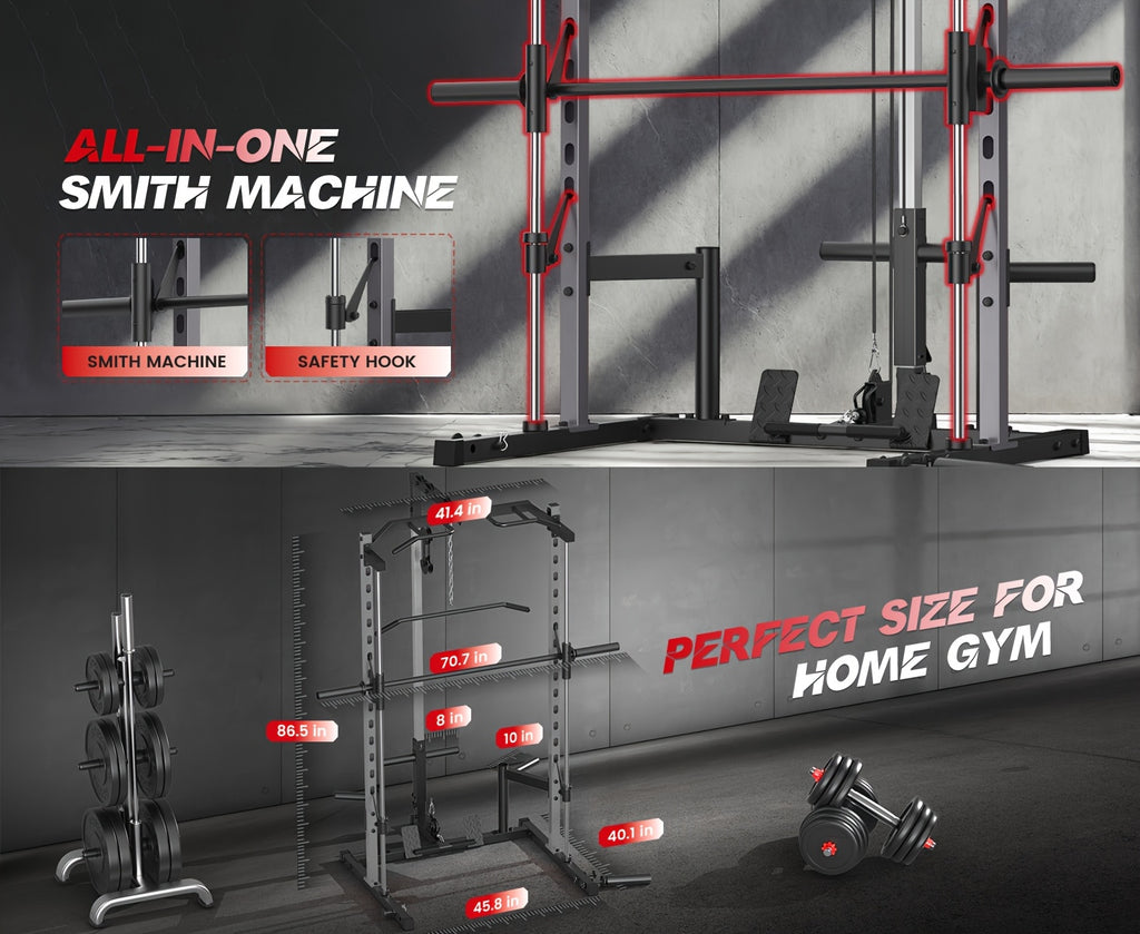 Likein Smith Machine Power Rack with LAT-Pull Down System & Cable Machine, Multi-Function Power Cage with Landmine, Barbell Bar, Plate Storage Pegs And More Training Attachment Squat Rack