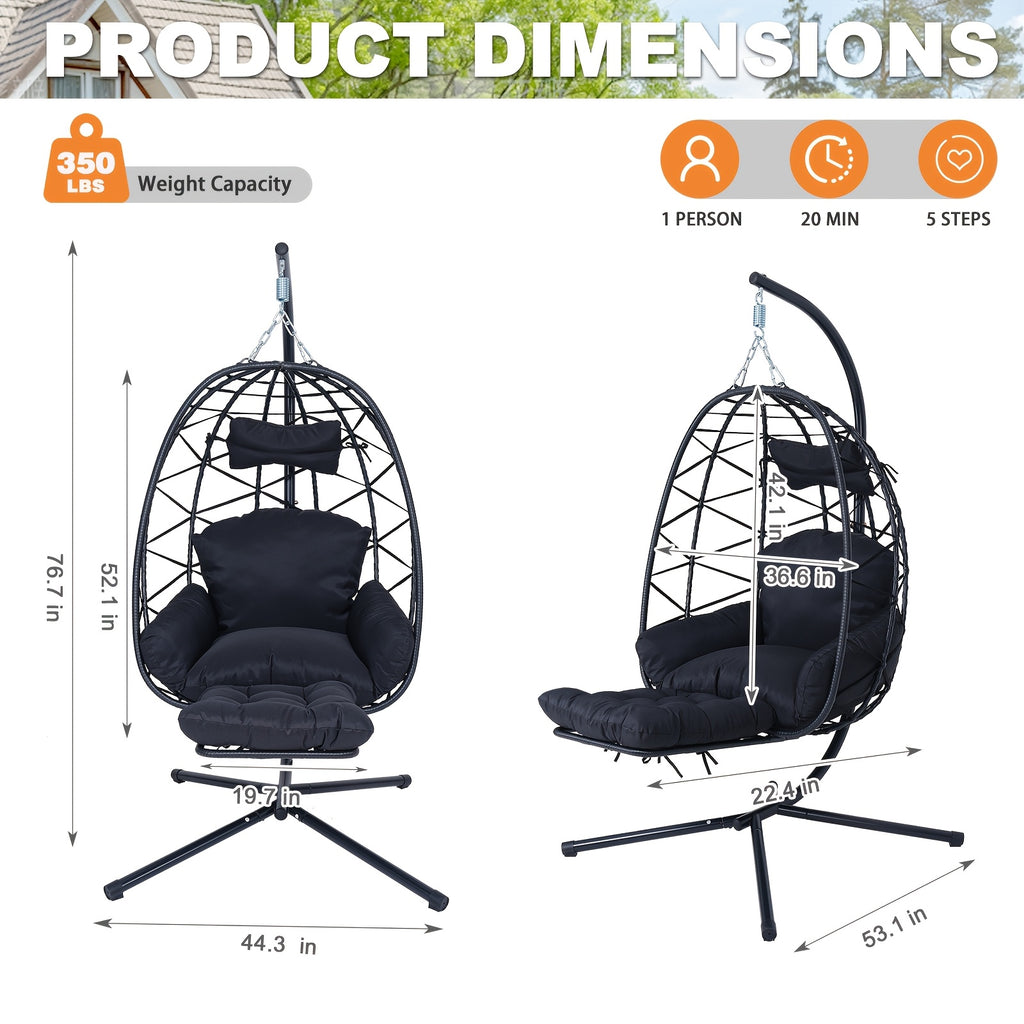 Hanging Egg Chair with Stand & Leg Rest, 350lb Rattan Wicker Swing Chair with Cushion, Patio Basket Hanging Chair Wicker Hammock Chair for Outdoor Garden Backyard Balcony, All-Weather Resilient