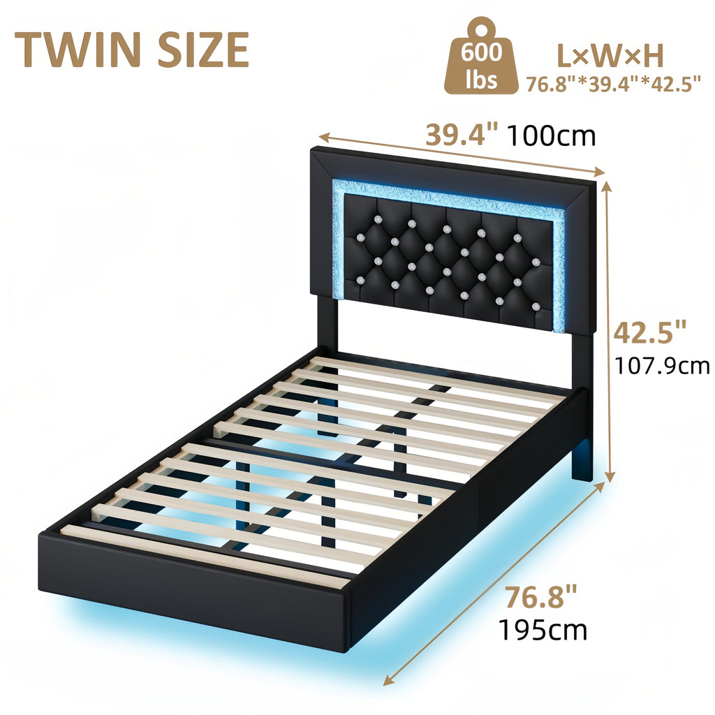 Twin Full Queen King Size Floating Bed Frame with LED Lights, Upholstered Platform Bed with Diamond Tufted Headboard, No Box Spring Needed, Noise Free, Easy Assembly, Black/Pink/White