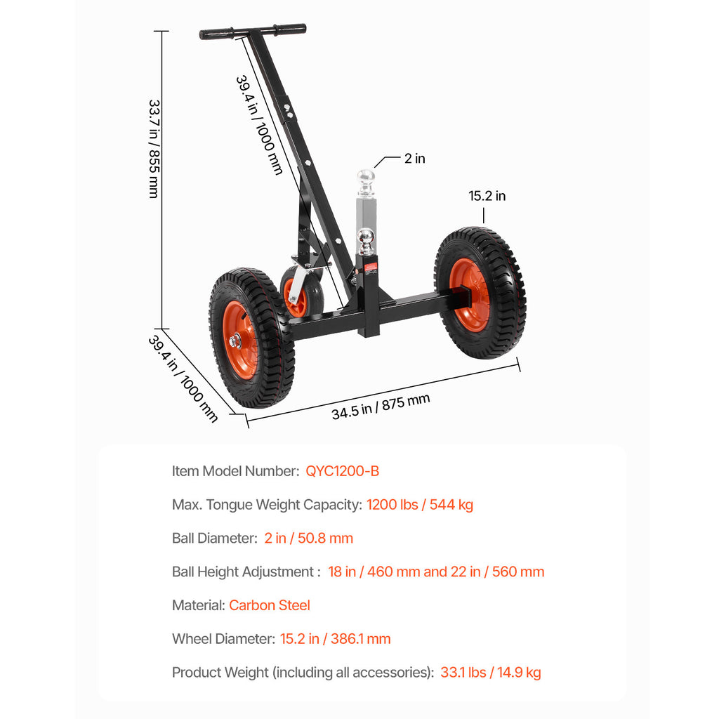 VEVOR 1200lbs Trailer Dolly 18 and 22 in Adjustable Height 2 in Ball 15.2 in Tires