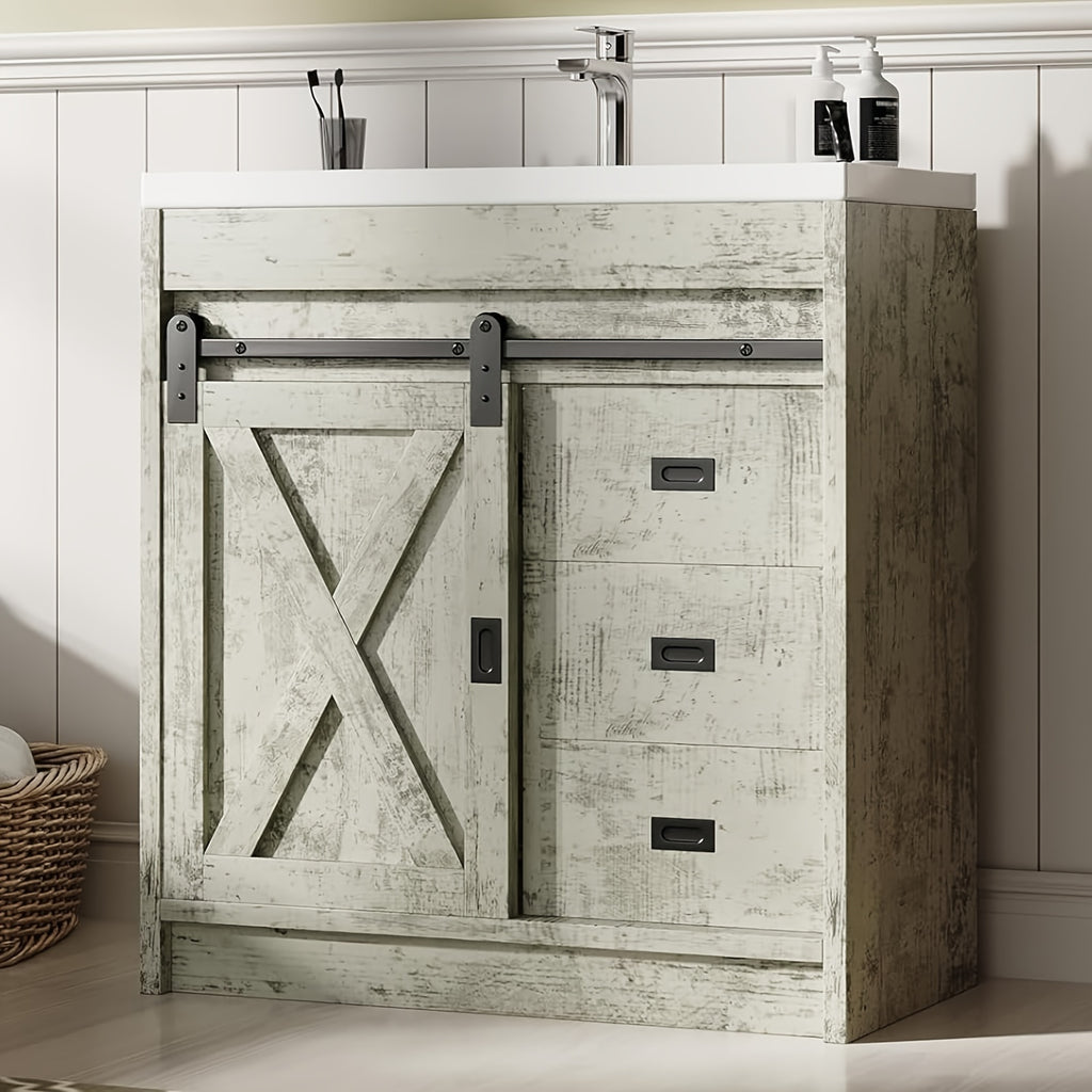 [Farmhouse Vanity With Sink] 31-Inch Farmhouse Style Bathroom Vanity With Ceramic Sink, Wall-Mounted Bathroom Sink Cabinet, With 2 Drawers And Sliding Barn Door, Modern Bathroom Vanity, With Metal Handles, Brown/Gray/Gray-White/White