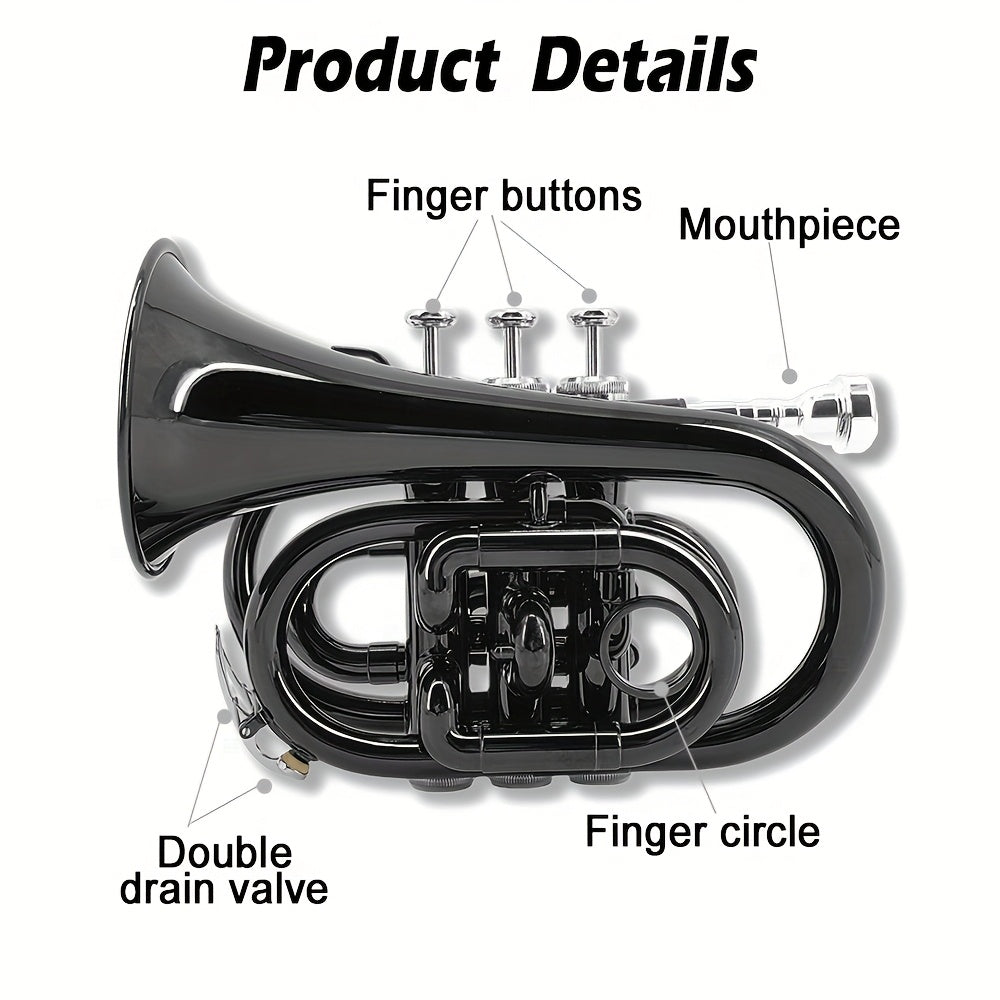 WUQIMUSC Bb Pocket Trumpet Nickel Plated, Brass Beginner Trumpet with 7C Mouthpiece, Case, Cleaning Kit & Gloves Musical Instruments Gift