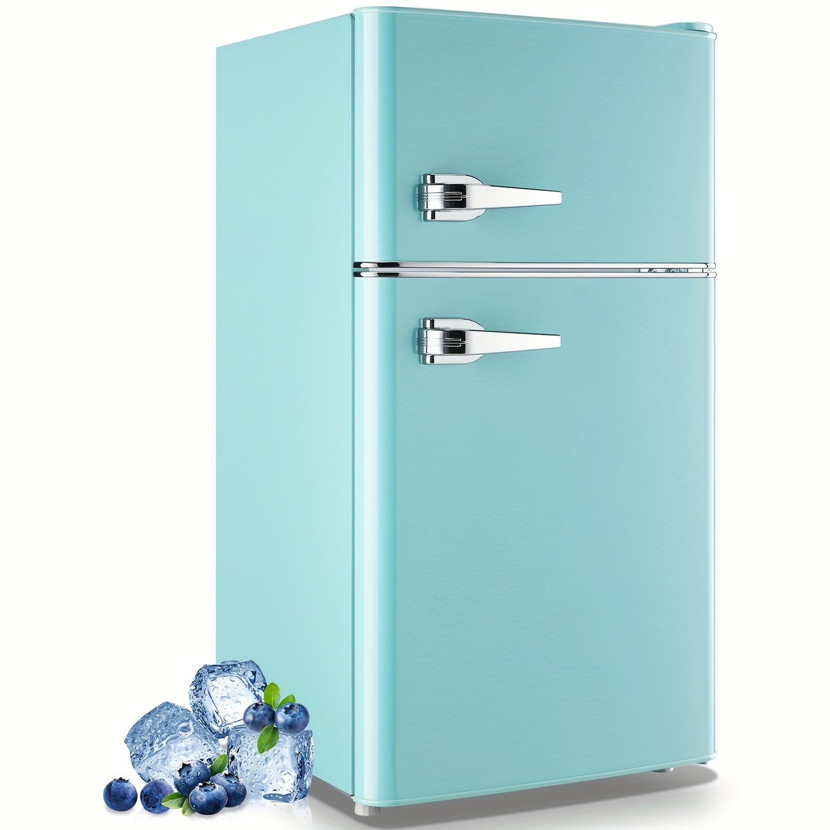 3.8 Cu.Ft Small Refrigerator With Freezer Retro Mini Fridge Two Doors For Home Dorm College Office Freestanding Blue Refrigerator With LED Lights And Glass Shelves
