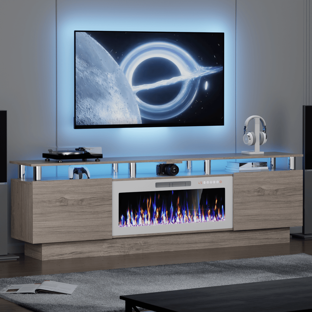 80" Modern Fireplace TV Stand with 36" Electric Fireplace for TVs Up to 90 inch, Luxury LED Light Entertainment Center with High Gloss Cabinet, TV Consoles for Living Room