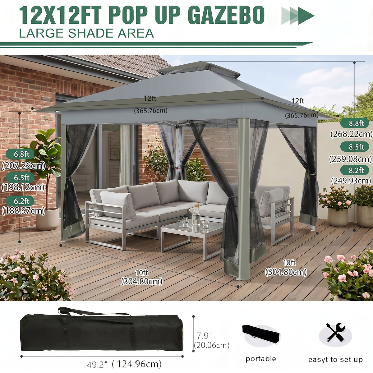12x12ft/13x13ft Pop-Up Gazebo, Canopy with 4 Removable Mosquito Nets, Includes 4 Sandbags And Carry Bag, 3 Height Adjustments, Outdoor UV-Protective Gazebo, Easy to Carry And Set Up, Ideal for Gardens, Lawns, Parties, Camping, Fairs, Outdoor Events