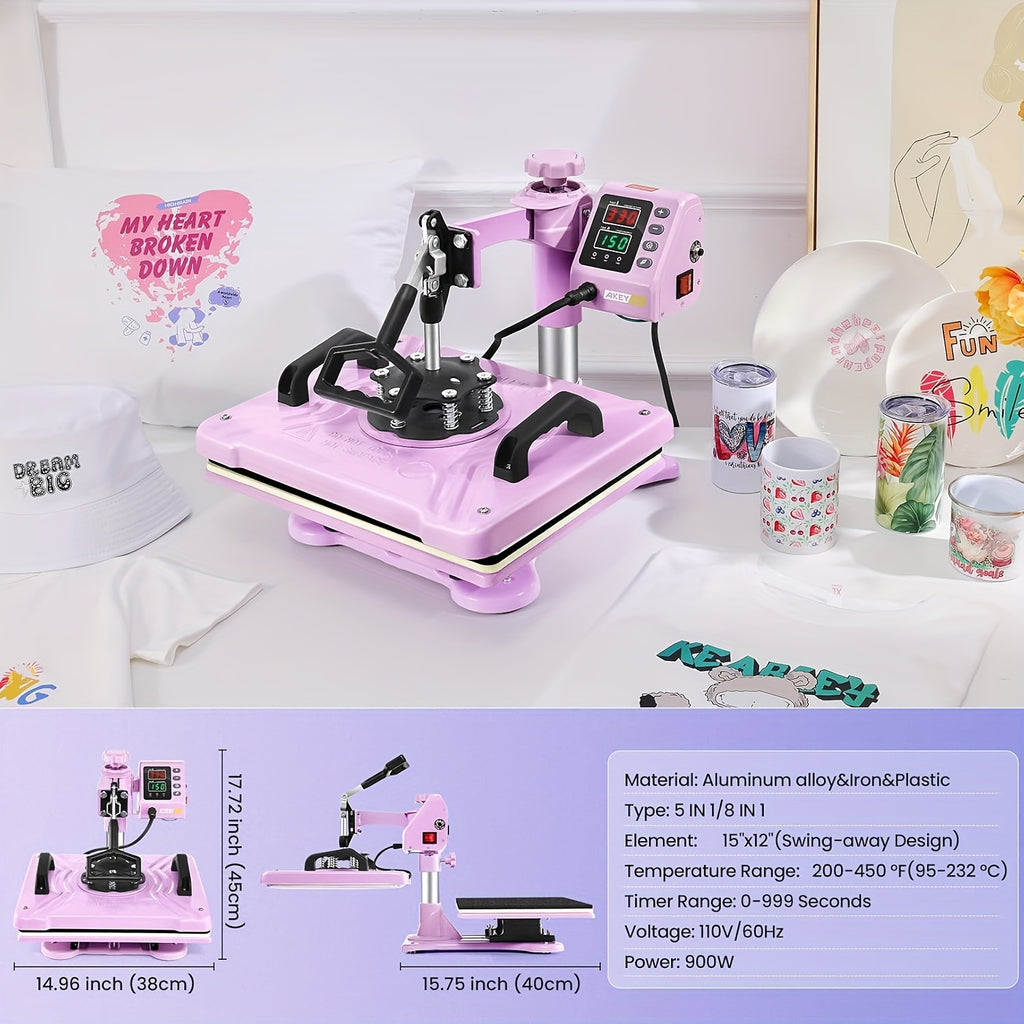 8-In-1 Heat Press 15X12 Inch Combo Digital Multifunctional Sublimation Heat Transfer Machine, 360 Degree Rotary Swing Printing Sublimation Heat Press, Suitable for T-Shirts Hats Mugs Plates
