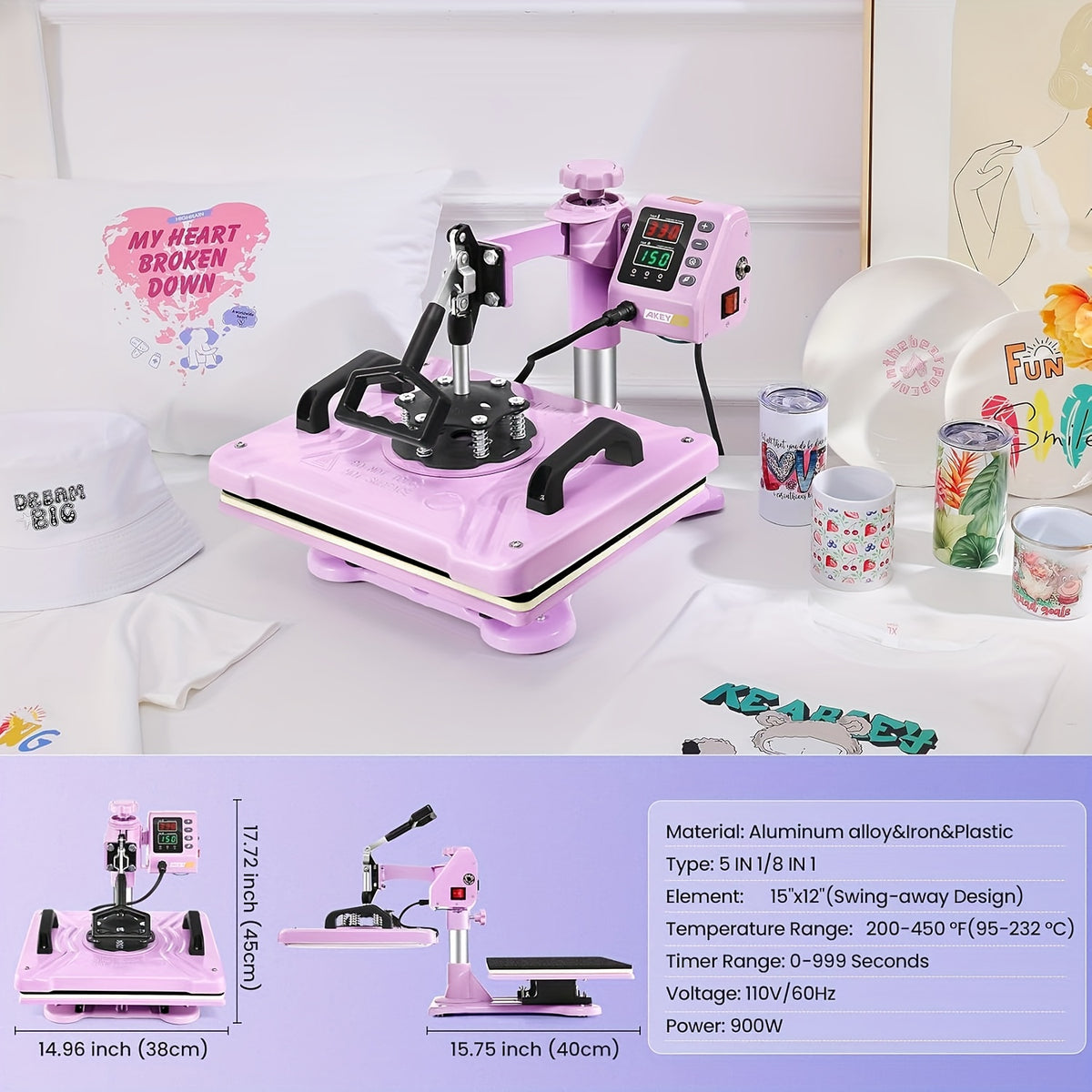 8-In-1 Heat Press 15X12 Inch Combo Digital Multifunctional Sublimation Heat Transfer Machine, 360 Degree Rotary Swing Printing Sublimation Heat Press, Suitable for T-Shirts Hats Mugs Plates