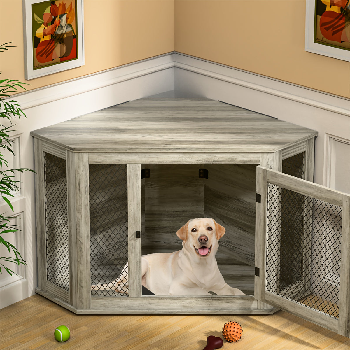 Furniture Corner Dog Crate, 52" Wooden Dog Kennel Furniture End Table with Mesh, Indoor Pet Crate Side Table for Small Medium Dogs Puppy, Perfect for Limited Room