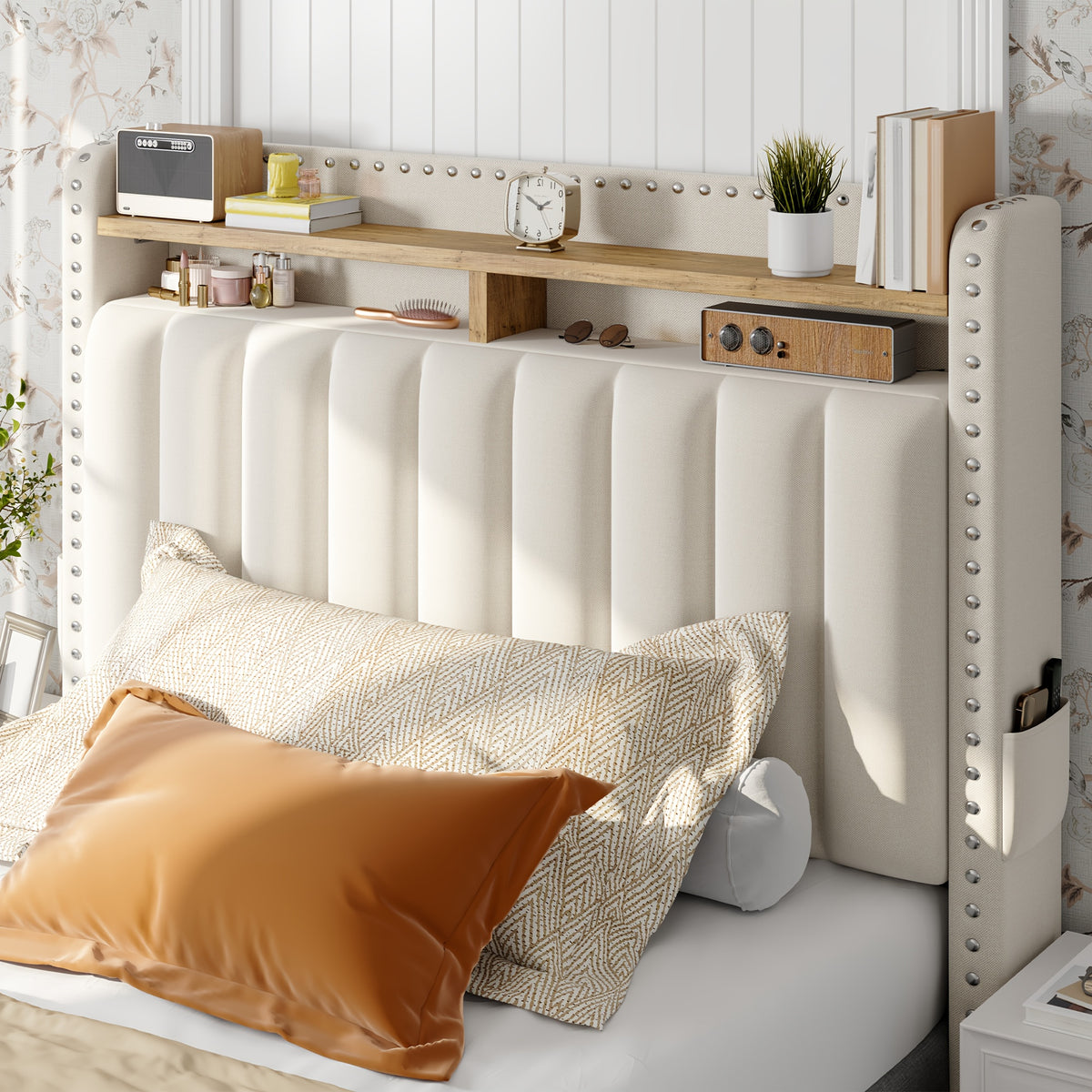 Soft Upholstered Bed Frame with 2 Storage Drawers & Naked Mattress Foundation | Full/Queen/King Size Low Profile Platform Bed Base, Heavy Duty 1000lbs Steel Frame, No Box Spring Needed for Apartments/Dorms | Easy Assembly (Gray/Beige)