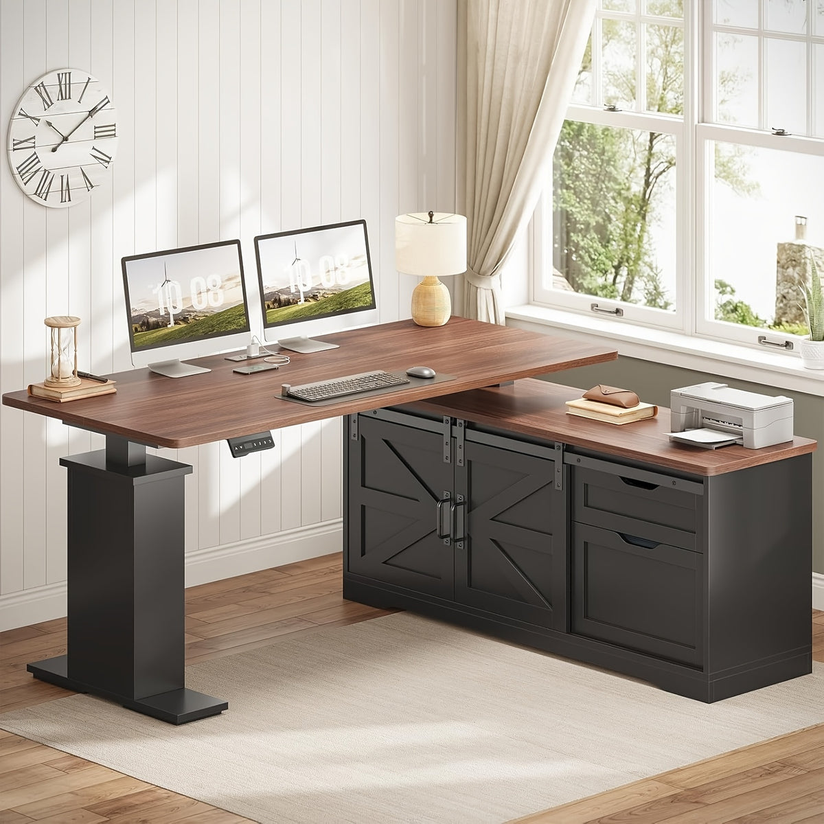 Farmhouse L-Shaped Standing Desk, 55" Computer Desk with 2 Storage Drawers, Height Adjustable Office Desk for Home Office