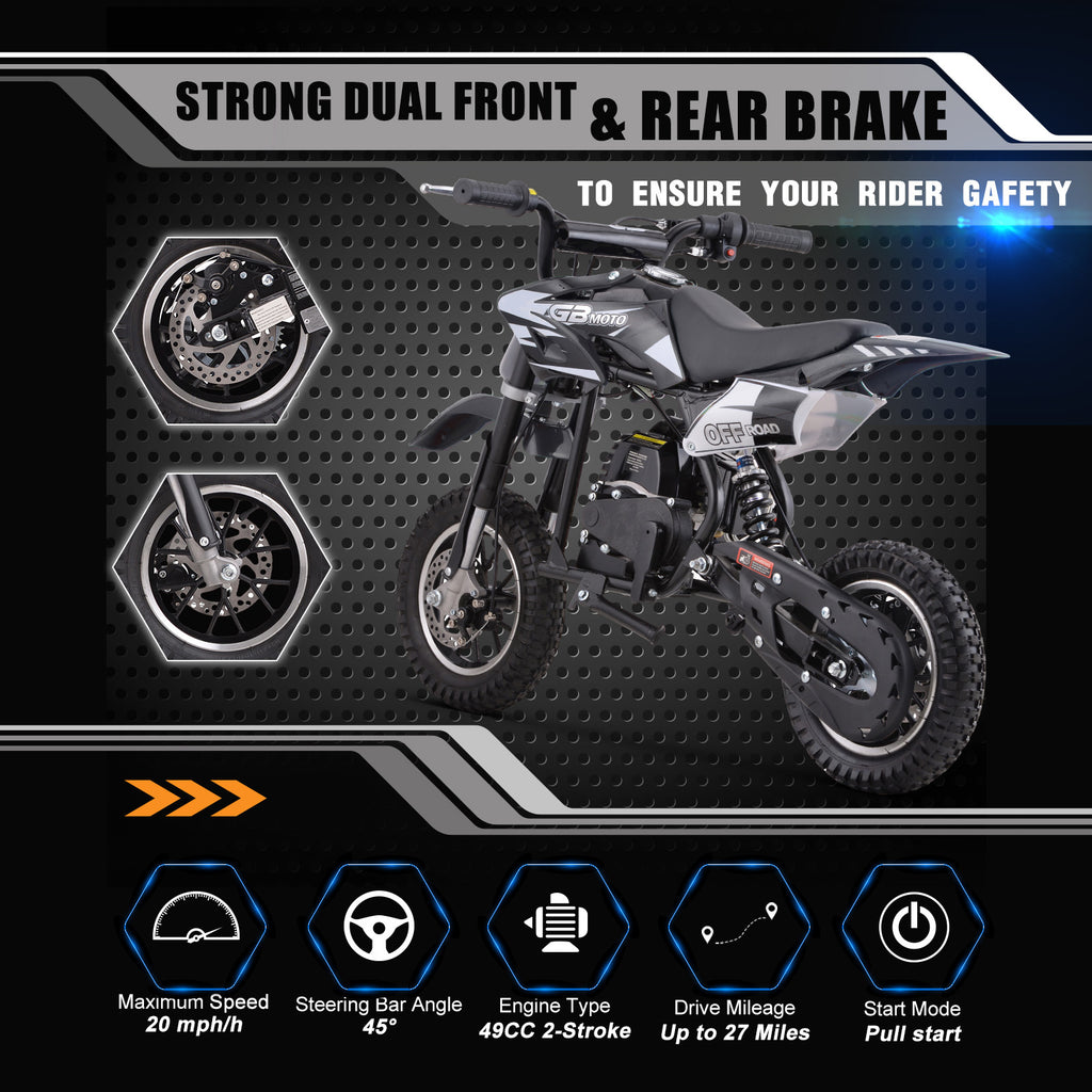 Mini Dirt Bike, 49 CC 2-Stroke Gas Bike (Model :DB001) with Off-Rode Tire, Suspensions, Disc Brakes, Max Load 160Lbs, Up to 20Mph-Included: gloves, face mask, cycling protective gear, cycling boots, and anti-theft lock.