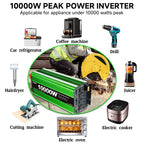 Pure Sine Wave Inverter 10000 Watt (Peak) Vehicle Power Inverter, Converts 12 Vdc to 110 Vdc to 120 Vdc, with LCD Display, Remote Control and Troubleshooting, 4 US Sockets for Car Onboard Chargers, for Home Solar Systems, RV's, and Vans, without Batteries