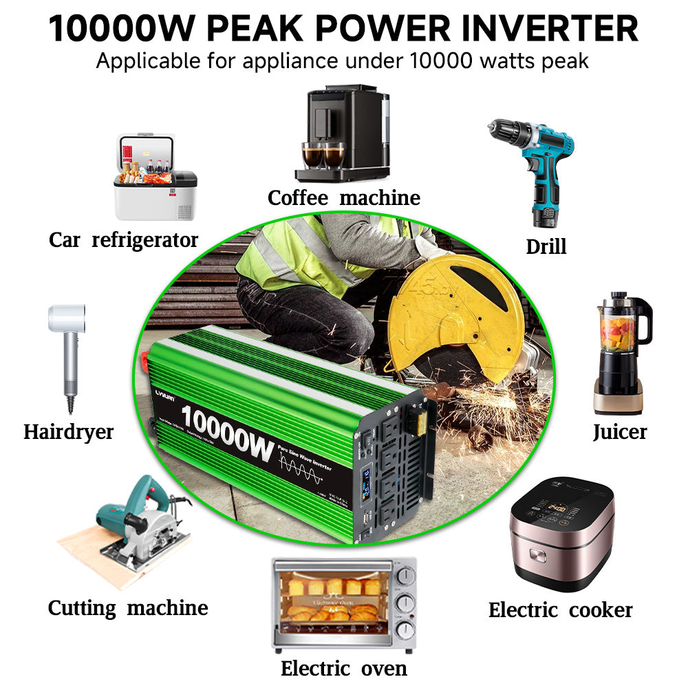 Pure Sine Wave Inverter 10000 Watt (Peak) Vehicle Power Inverter, Converts 12 Vdc to 110 Vdc to 120 Vdc, with LCD Display, Remote Control and Troubleshooting, 4 US Sockets for Car Onboard Chargers, for Home Solar Systems, RV's, and Vans, without Batteries