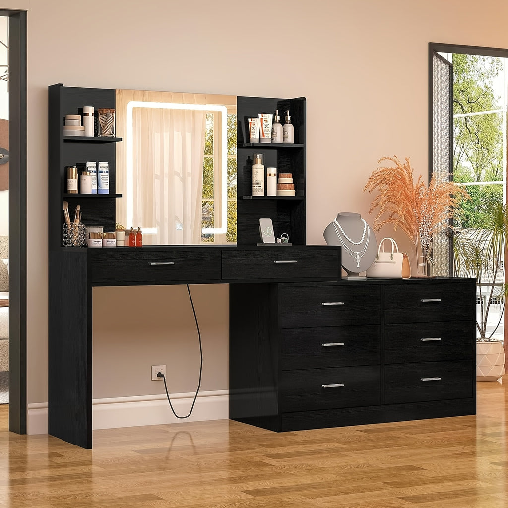 Vanity Desk with LED Lighted Mirror & Power Outlet, Modern Corner Makeup Vanity Table with 8 Drawers & Open Shelves, Dressing Table for Valentine's Day Gift