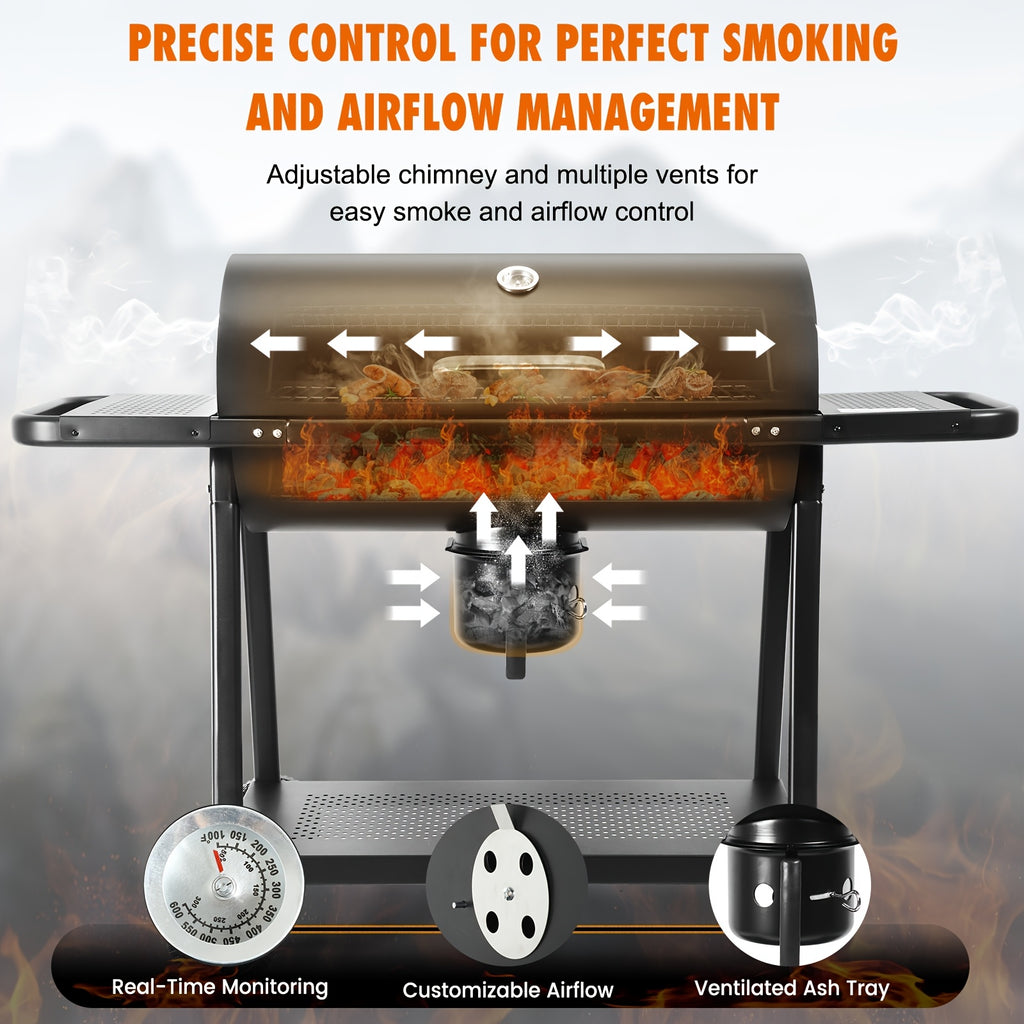 Charcoal BBQ Grills Outdoor - Barrel Charcoal Grill with Offset Smoker(Model: L)/ Outdoor BBQ Grill with Side Table(Model:M/XL-A/XL-C)for Backyard, Patio, Parties, Camping, Outdoor Cooking, Large Event Gathering, Black