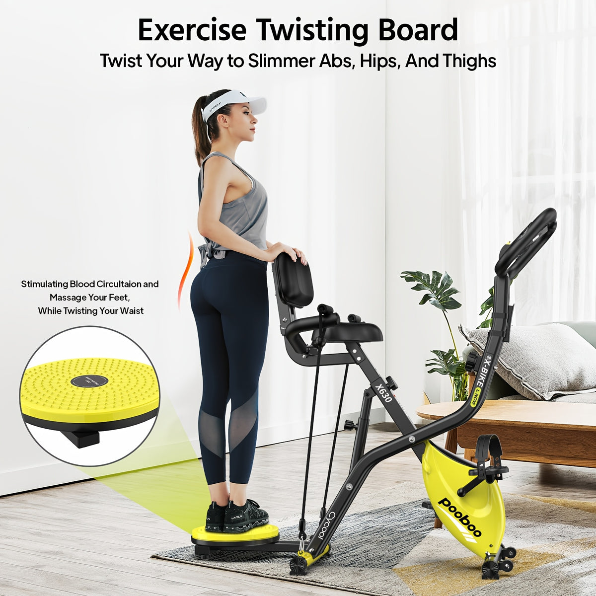 HASIMAN Foldable Indoor Exercise Bike for Home Gym Workout with Twister Disk And Arm Resistance Bands, Adjustable Resistance Fullybody Fitness Exercise Cycling