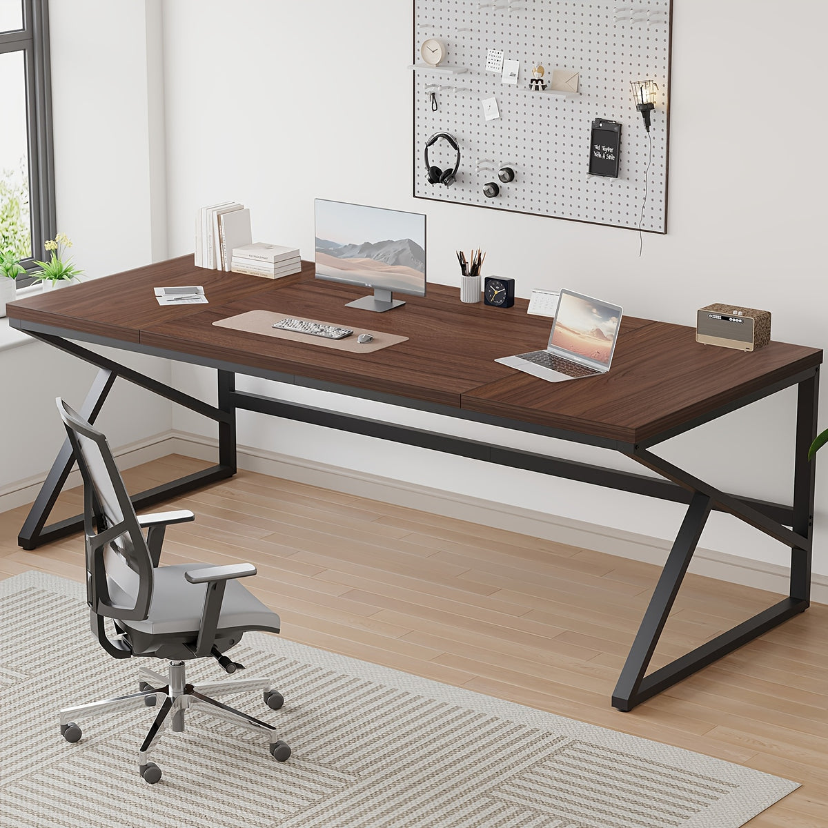 [Extra Long Computer Desk] 70 Inch Extra Long Computer Desk, Industrial Metal Wood Home Office Desk, Large PC Laptop Table For 2 Person Executive Writing Work Study Gaming, Bedroom Living Room Dual Monitor Desk, Dark Gray
