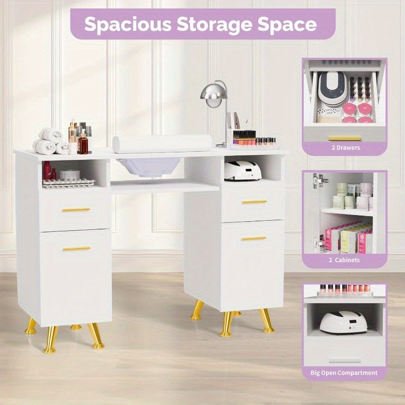Manicure Table, for nail Desk for Nail Tech | OMYSALON Wood for nail Station with Storage, Hand Rest, Upholstered Panel in Diamond White/Black/Purple/Pink for Makeup Beauty Spa Salon