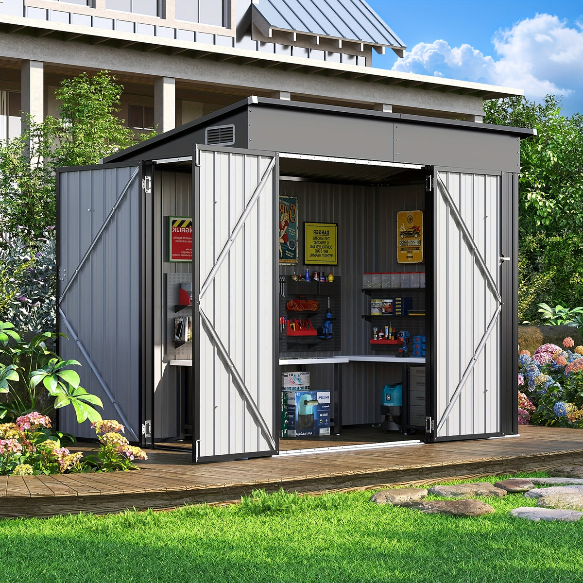 Outdoor Storage Shed, 4 x 8 Ft—Lockable Triple-Door Access and a Sloped Roof for Tools, Bikes and Patio Gear