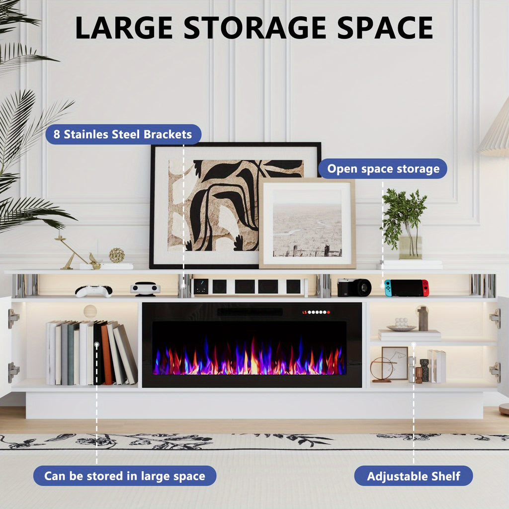 80 Inch LED Entertainment Center with 36 Inch Fireplace, for TVs Up to 90 Inches, Modern Wood TV Cabinet with High-gloss Storage, TV Stand with LED Light Strip Fireplace for Living Room