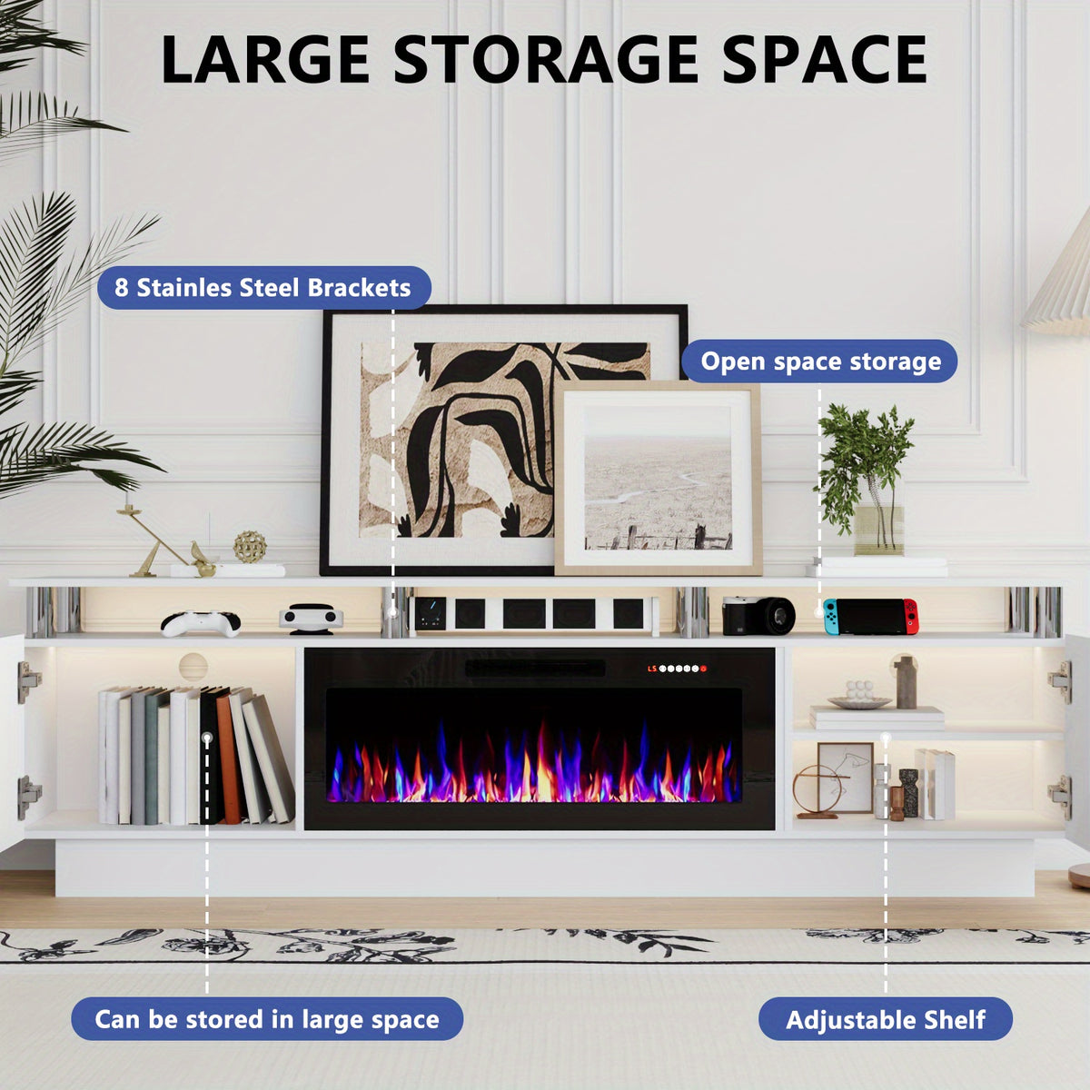 80 Inch LED Entertainment Center with 36 Inch Fireplace, for TVs Up to 90 Inches, Modern Wood TV Cabinet with High-gloss Storage, TV Stand with LED Light Strip Fireplace for Living Room