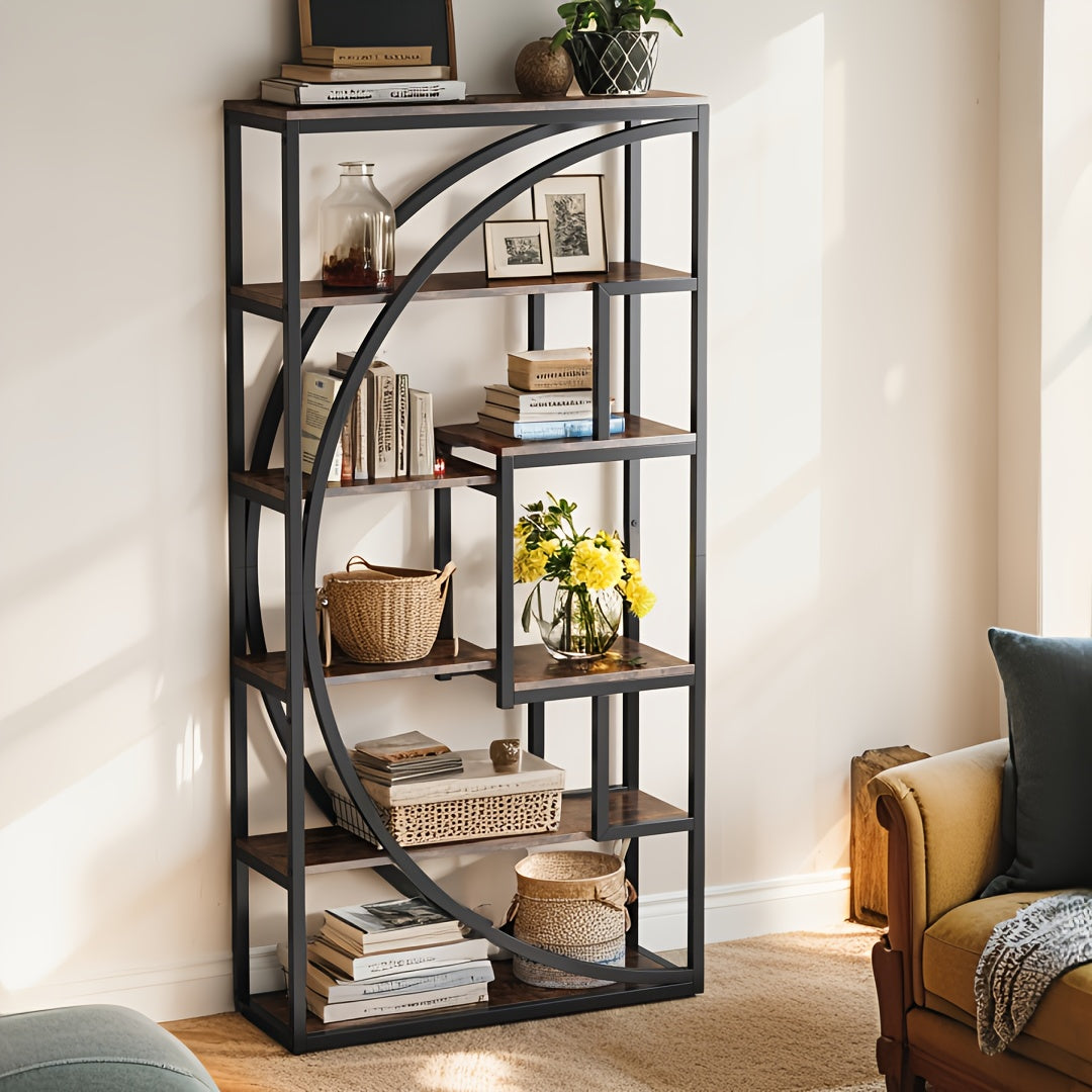 70.8" Rustic Brown Wooden Bookshelf - Industrial 5-Tier Open Shelf Bookcase, 8-Shelf Tall Etagere for Home Office & Living Room, Heavy Duty Display Shelf for Books & Decor