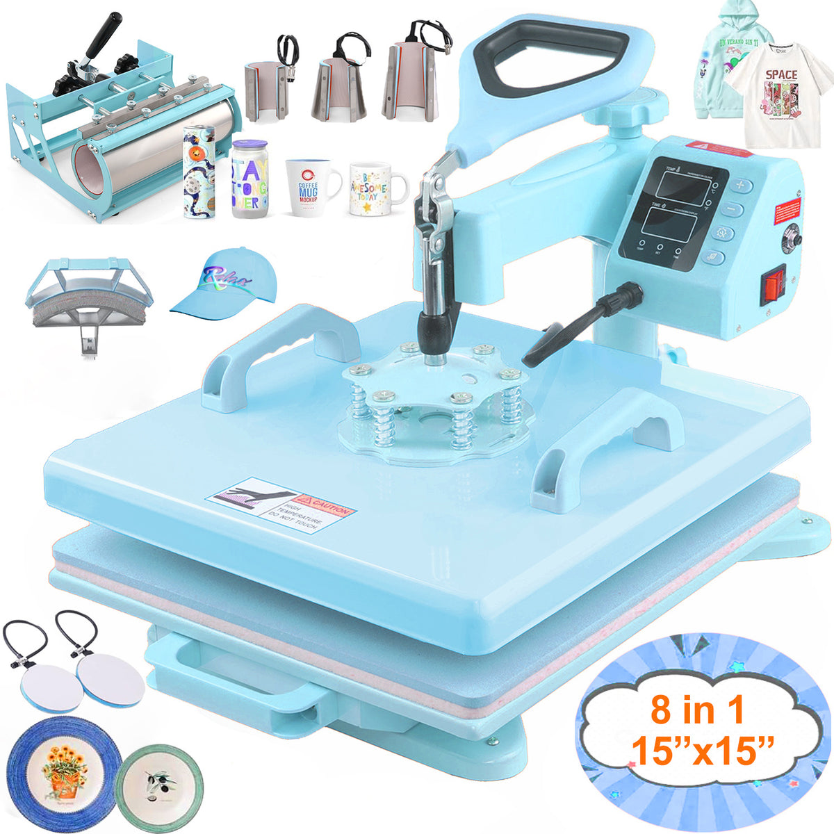 Heat Press Machine 15 x 15 Inch by HOMDOX — 5-in-1 or 8-in-1 Swing-Away Combo for Shirts and Tumblers