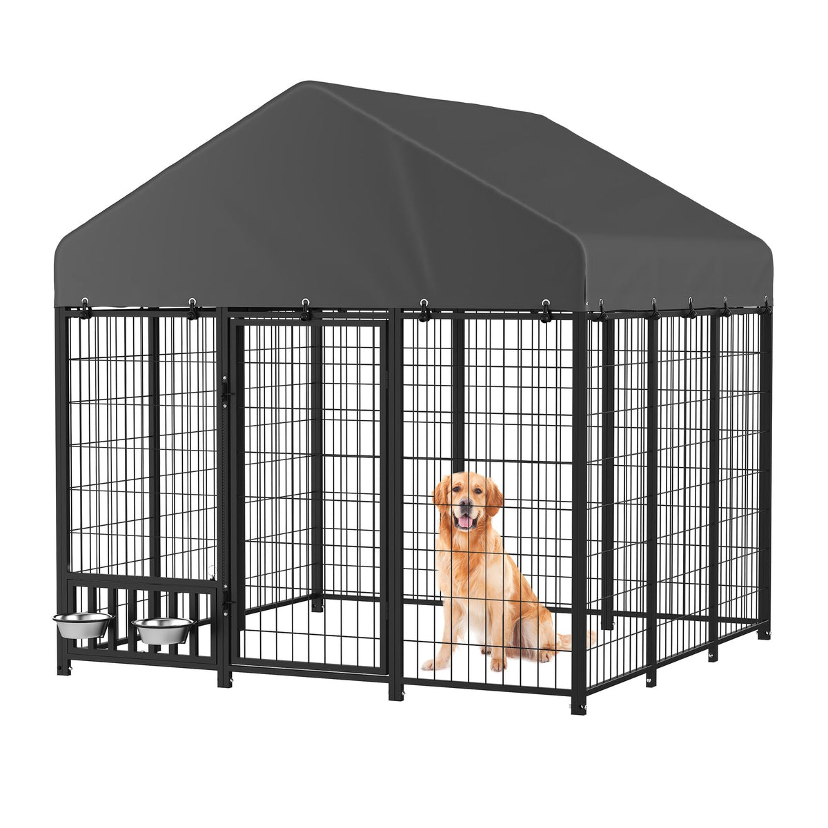 Heavy Duty Outdoor Dog Kennel for Yard, 10x10 Large Chain Link Fence with Roof, Dog Run Enclosure with Self-Locking Latch & Feeding Bowl