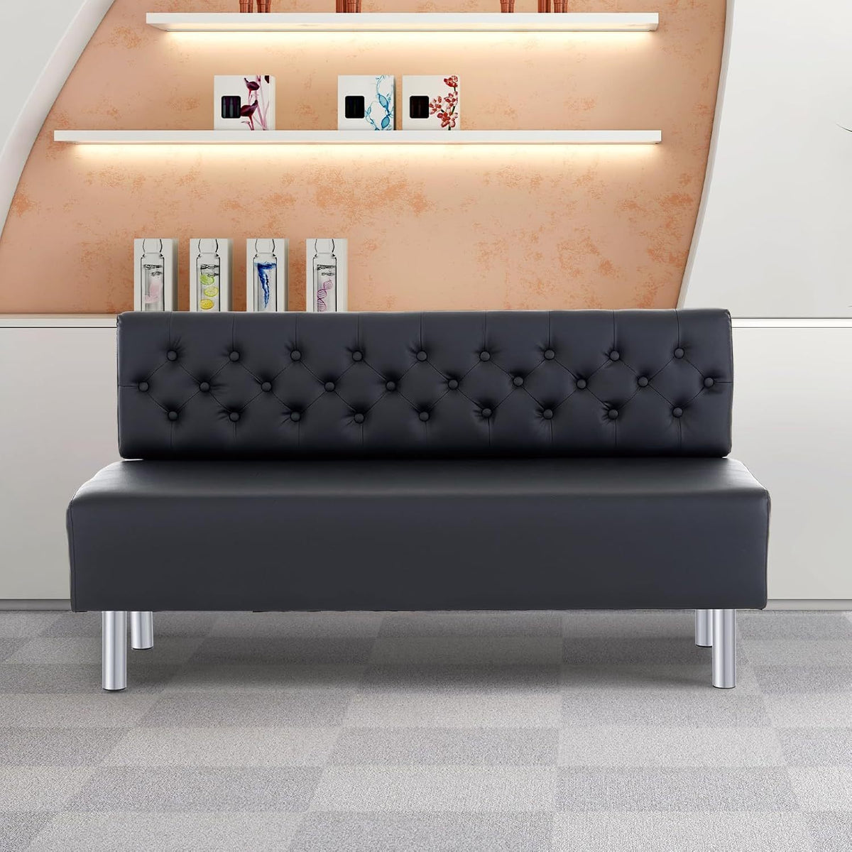LEADZM Waiting Room Bench with Back, 58.6'' Office Guest Chair Upholstered Reception Seating, Lobby Furniture for Beauty Salon Barbershop Airport Bank Hall Room Conference, Button Tufted