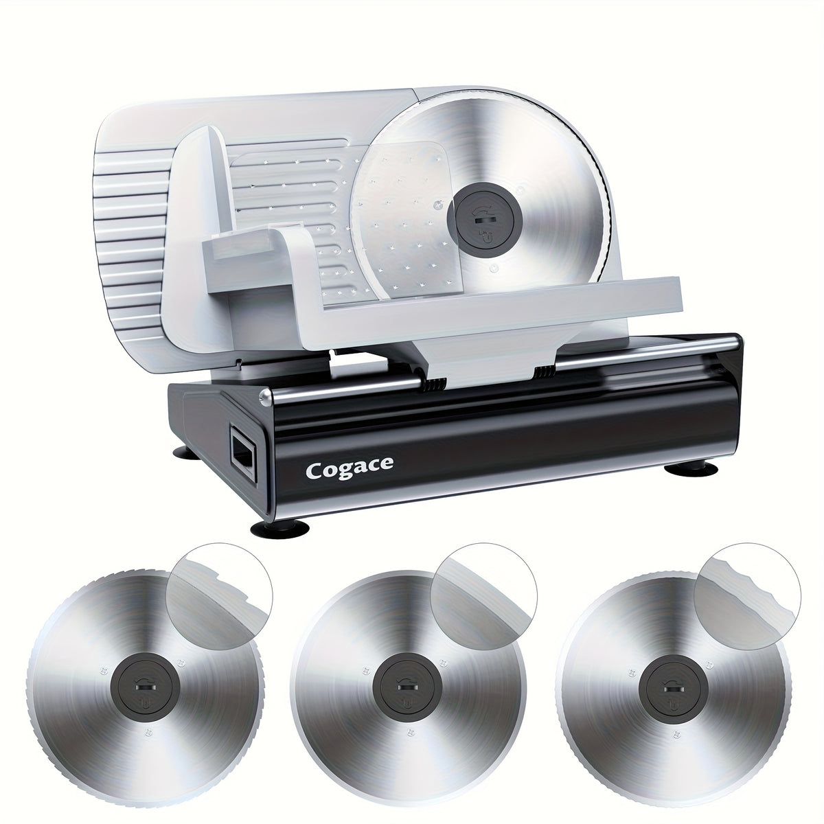 200W Electric Deli Meat Slicer Machine | 3 Types of 7.5'' Blades, Adjustable Thickness 0-15mm, for Meat, Cheese, Bread, Vegetables, Home Use, Steel Material, Brand: COGACE