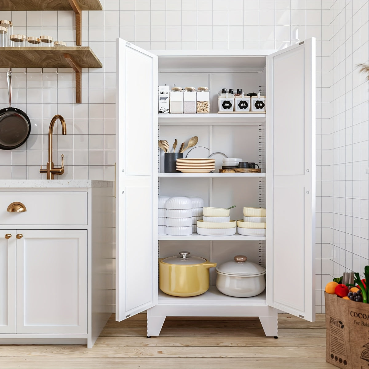 61"/71" Tall Metal Storage Cabinet With 2 Doors And 4 Adjustable Shelves, 5-Tier Kitchen Pantry Storage Cabinet For Kitchen, Living Room, Dining Room And Office