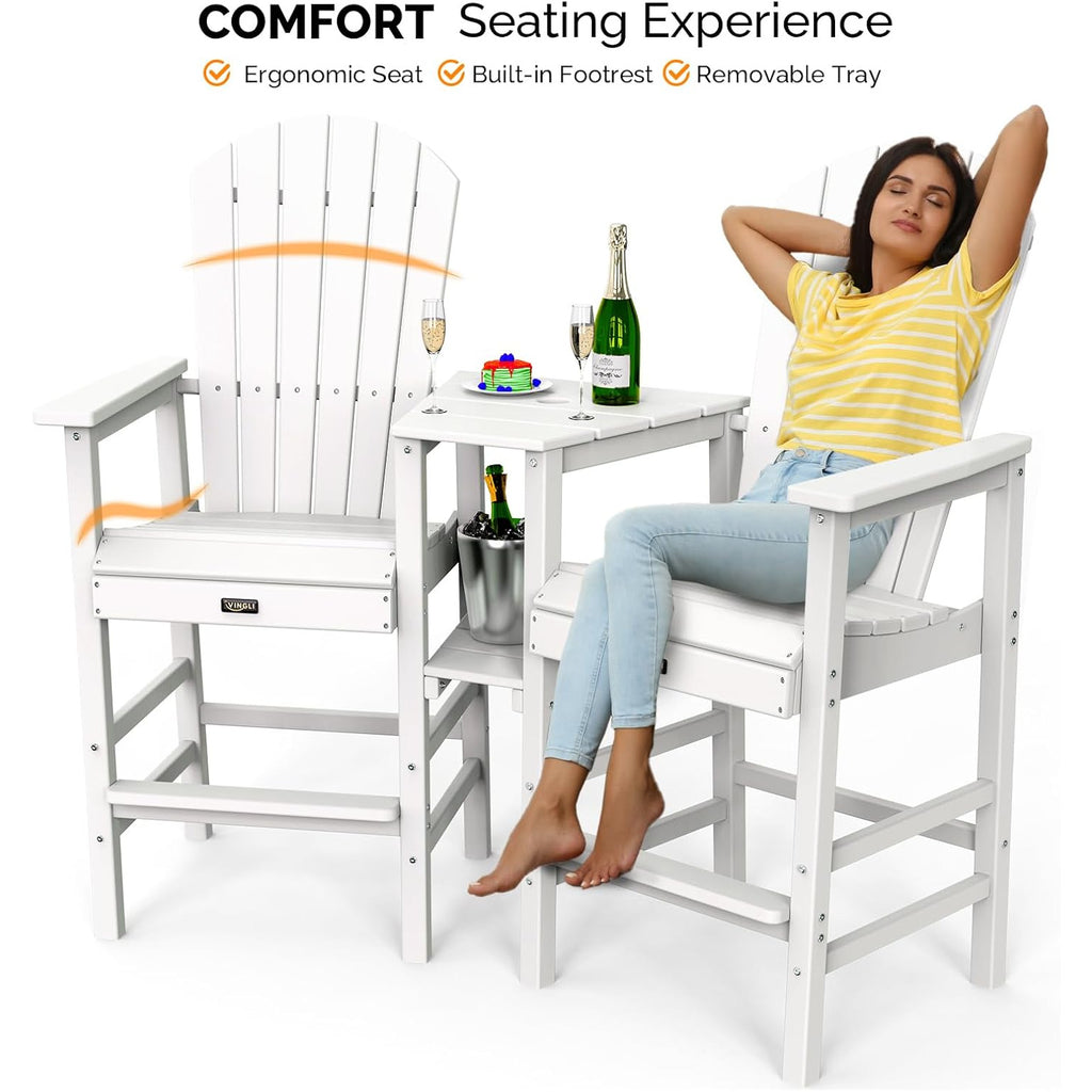 Tall Adirondack Chairs Set of 2 HDPE Balcony Chair with Double Connecting Tray Weather Resistant Outdoor Bar Stools for Patio Deck Lawn Pool Backyard Black