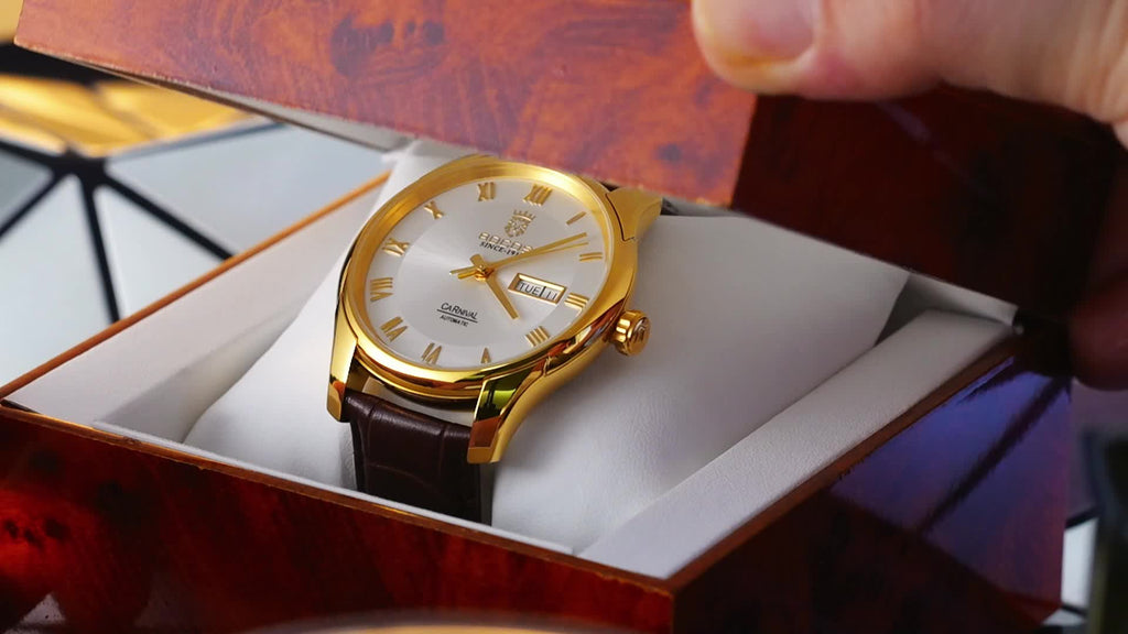 ROCOS Brand Luxury Golden Men's Watches High-end Business Simple Fashion Men's Watches Automatic Mechanical Watches Sun Pattern Brushed Dial Calfskin Strap Waterproof Men's Watches Week Calendar Display Gifts for Men