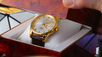 ROCOS Brand Luxury Golden Men's Watches High-end Business Simple Fashion Men's Watches Automatic Mechanical Watches Sun Pattern Brushed Dial Calfskin Strap Waterproof Men's Watches Week Calendar Display Gifts for Men