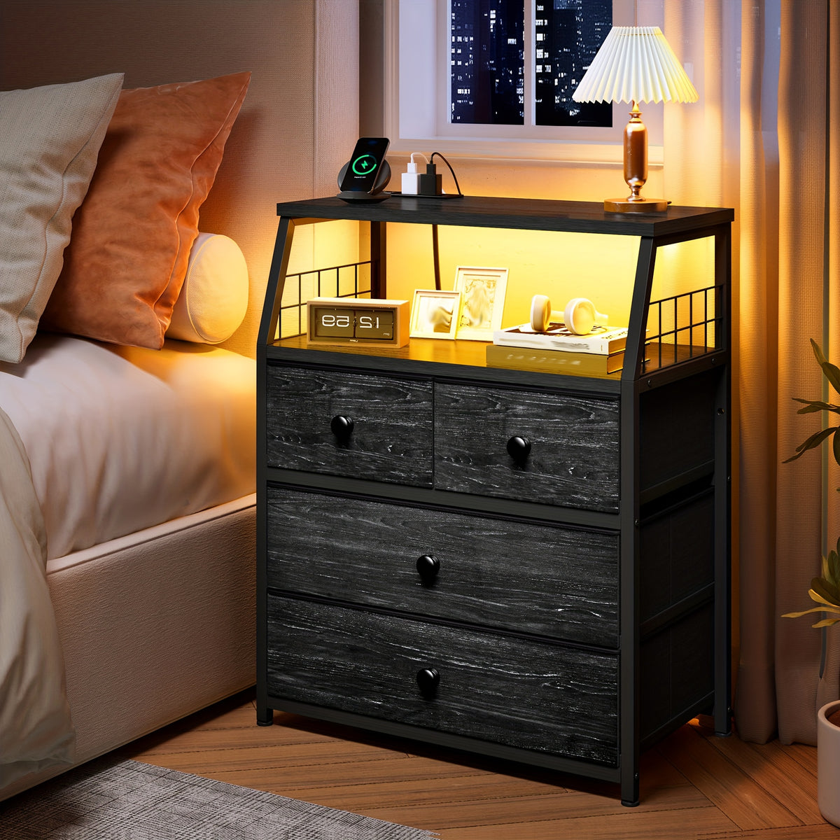 Queen/King Size Bed Frame with 6 Storage Large Drawers Forbedroom, Modern Bed Frame And Open Storage Headboard with Fast Charging Station, No Noise, No Box Springs Needed, Black, Easy Assembly, 2pcs Nightstand with 4 Fabric Drawer Sold Separately