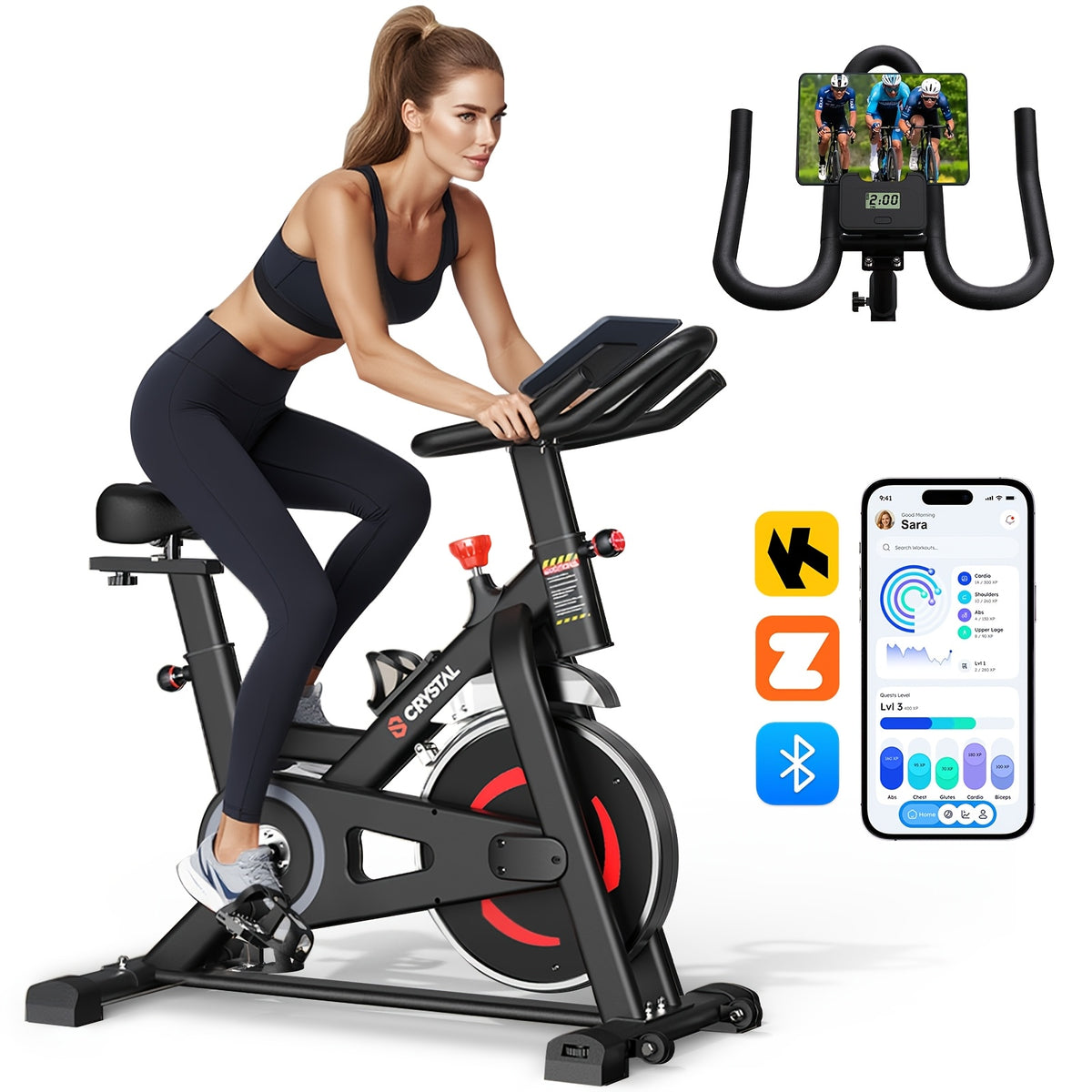 CRYSTAL FIT Indoor Exercise Bike, Cycling Bike Plus Magnetic Resistance/Brake Pad Stationary Bike with Tablet Holder LCD Monitor 300lbs Weight Capacity &Upgraded Comfortable Seat Cushion