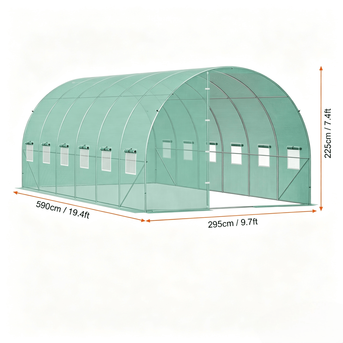 VEVOR Walk-in Tunnel Greenhouse 19.36x9.68x7.4/27.38x9.5x7.38ft Galvanized Frame PE Cover Green (No Door)