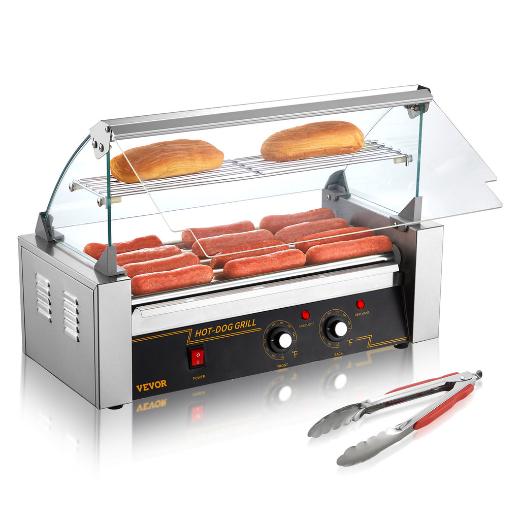 VEVOR Hot Dog Roller 5 Rollers 12 Hot Dogs /7 Rollers 18 Hot Dogs Capacity, Stainless Sausage Grill Cooker Machine with Dual Temp Control Glass Hood Acrylic Cover Bun Warmer Shelf Removable Oil Drip Tray