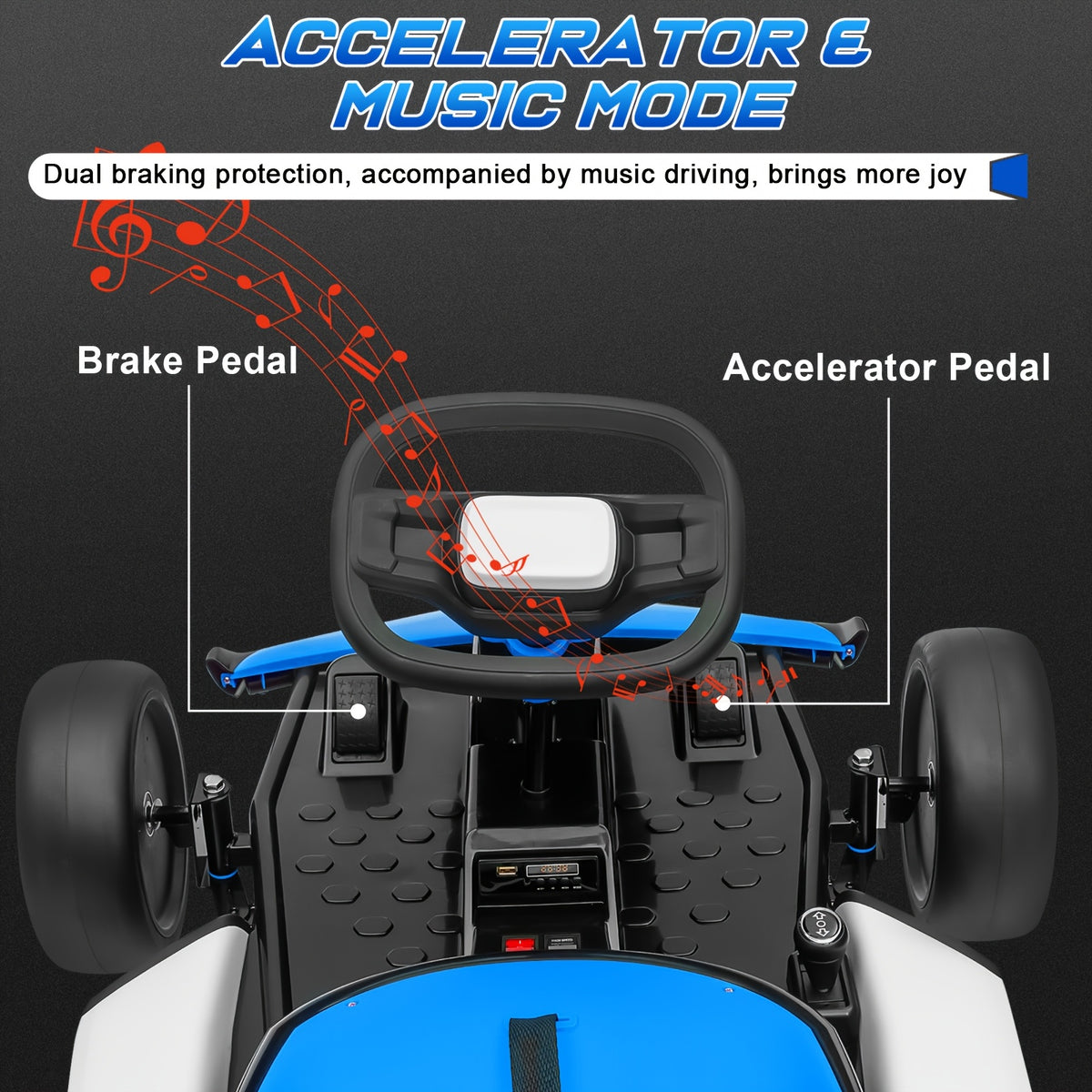 Kids Electric Ride-On Car with 4 PP Foam Tires, 110LBS Max Load, 5-Point Seat Belt, Music Mode & Dual Brake - Exciting Racing Experience for Ages 6+ (Red/Blue)