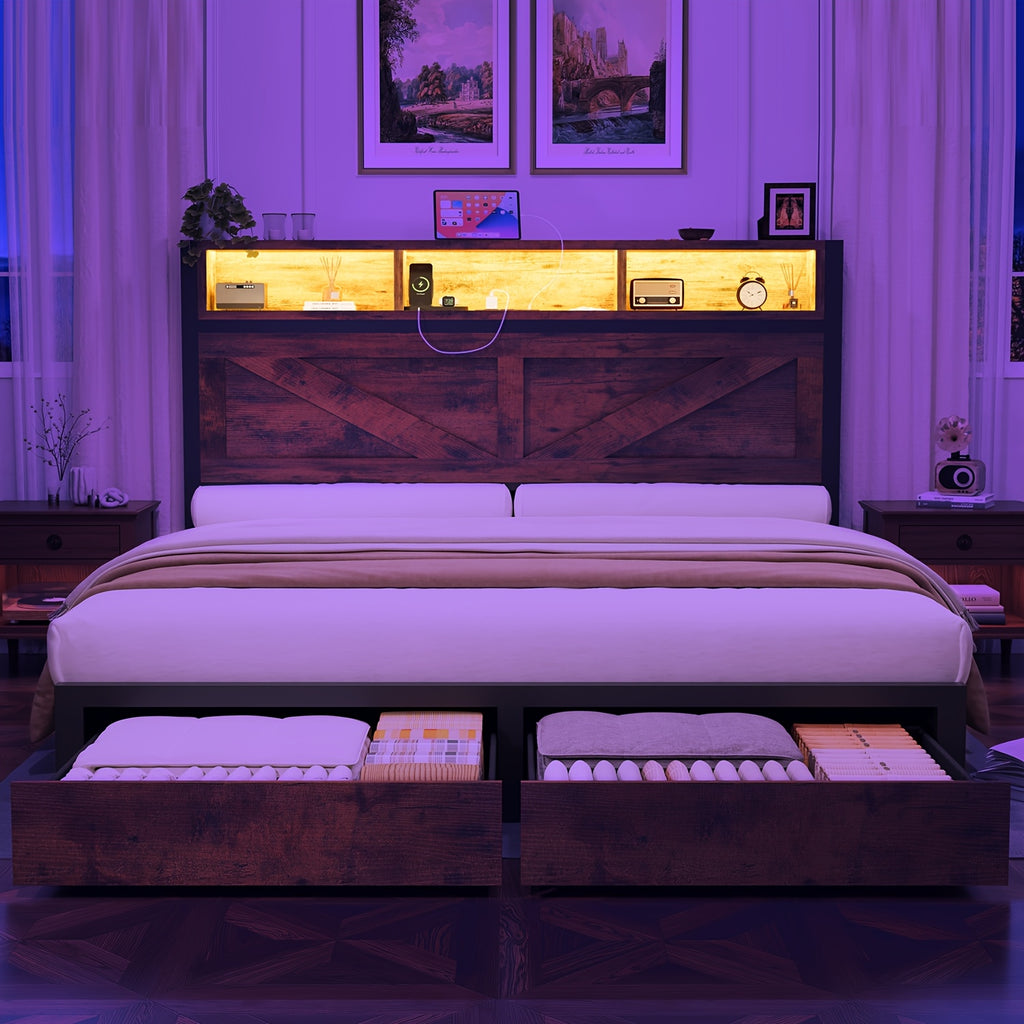 Farmhouse Bed Frame with Storage Headboard, LED Lights, Charging Station and 2 Drawers, Arrow Design, No Box Spring Needed, Rustic Brown